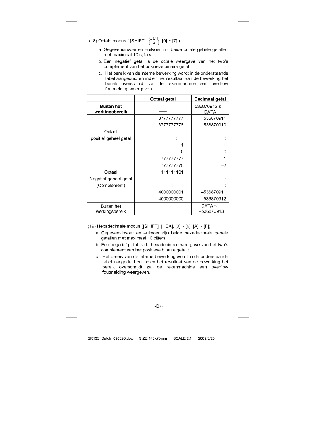 Citizen Systems SR-135N manual Octaal getal Decimaal getal Buiten het, Data 