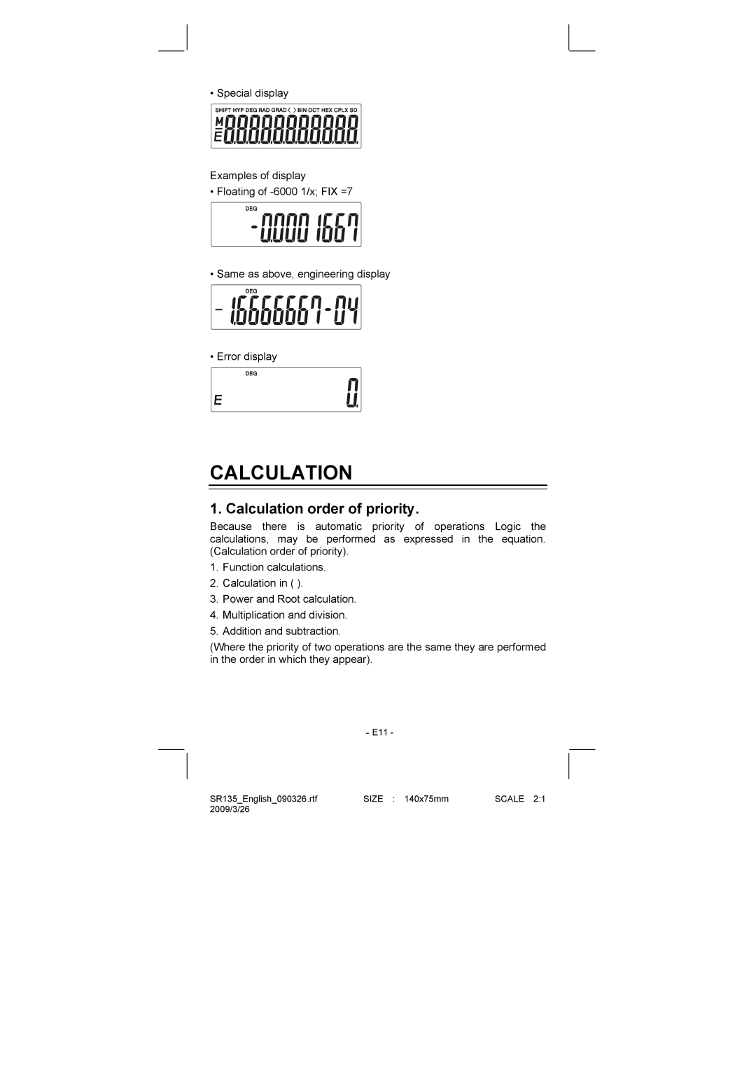 Citizen Systems SR-135N manual Calculation order of priority 