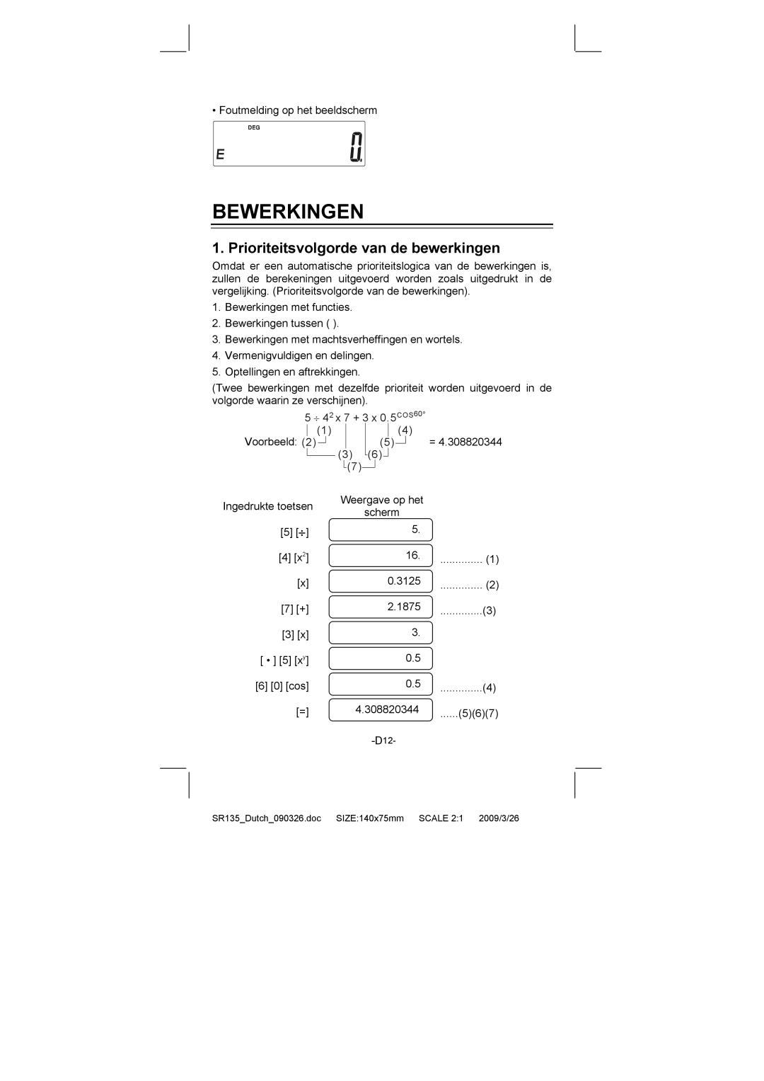 Citizen Systems SR-135N manual Bewerkingen, Prioriteitsvolgorde van de bewerkingen 