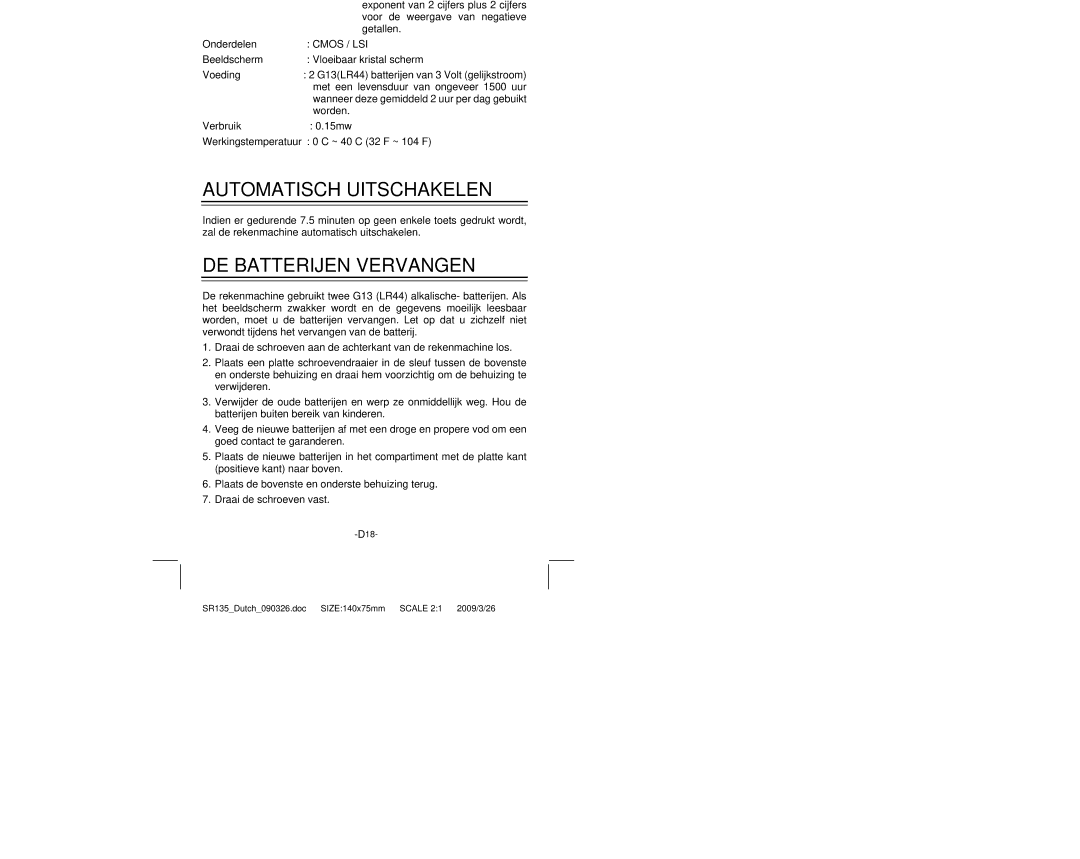 Citizen Systems SR-135N manual Specificaties, Automatisch Uitschakelen, DE Batterijen Vervangen 