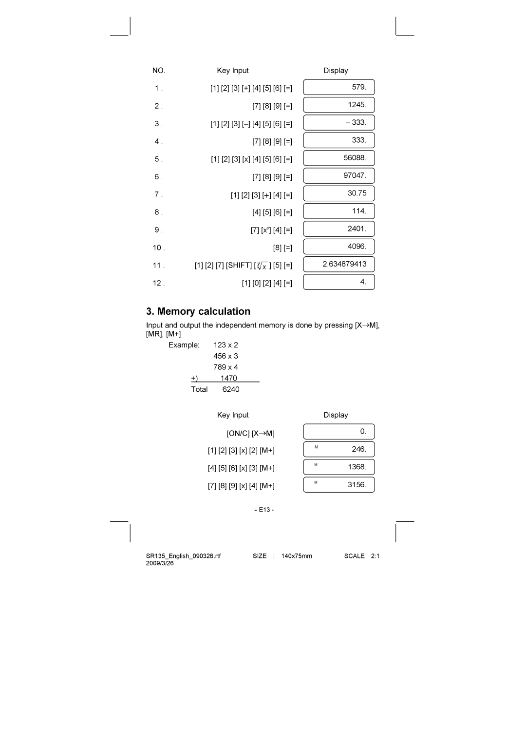 Citizen Systems SR-135N manual Memory calculation 