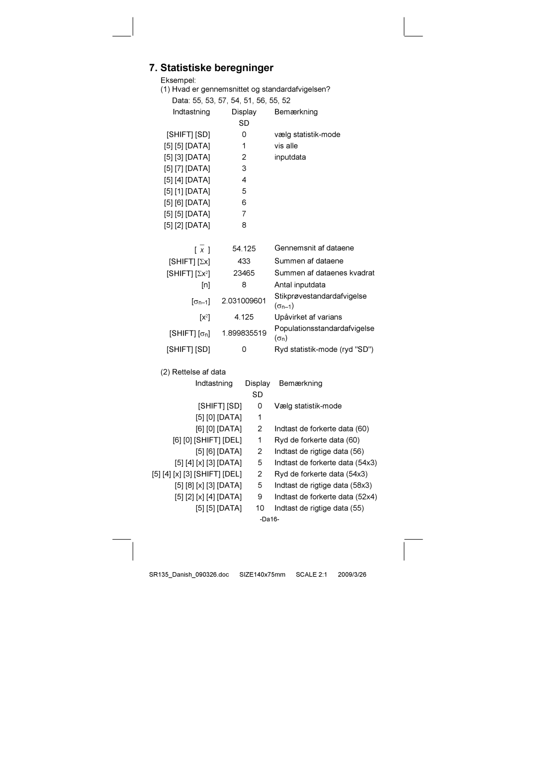 Citizen Systems SR-135N manual Statistiske beregninger, Shift SD 