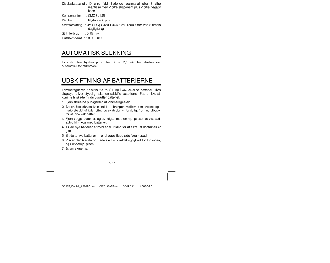 Citizen Systems SR-135N manual Specifikationer, Automatisk Slukning, Udskiftning AF Batterierne 