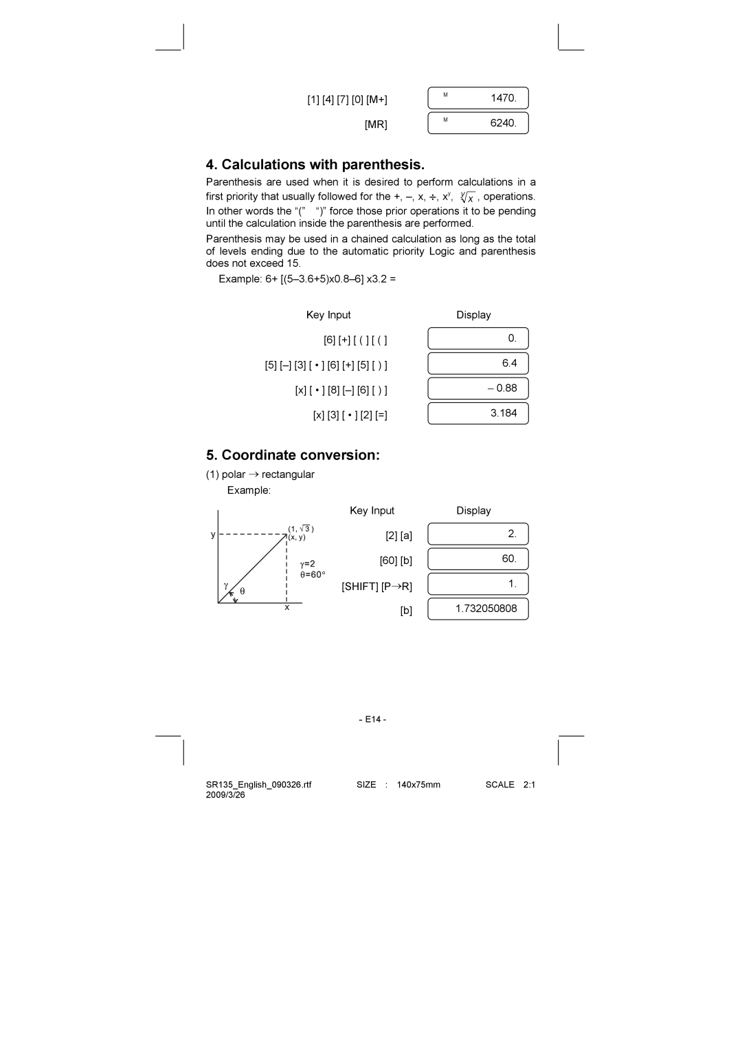 Citizen Systems SR-135N manual Calculations with parenthesis, Coordinate conversion 