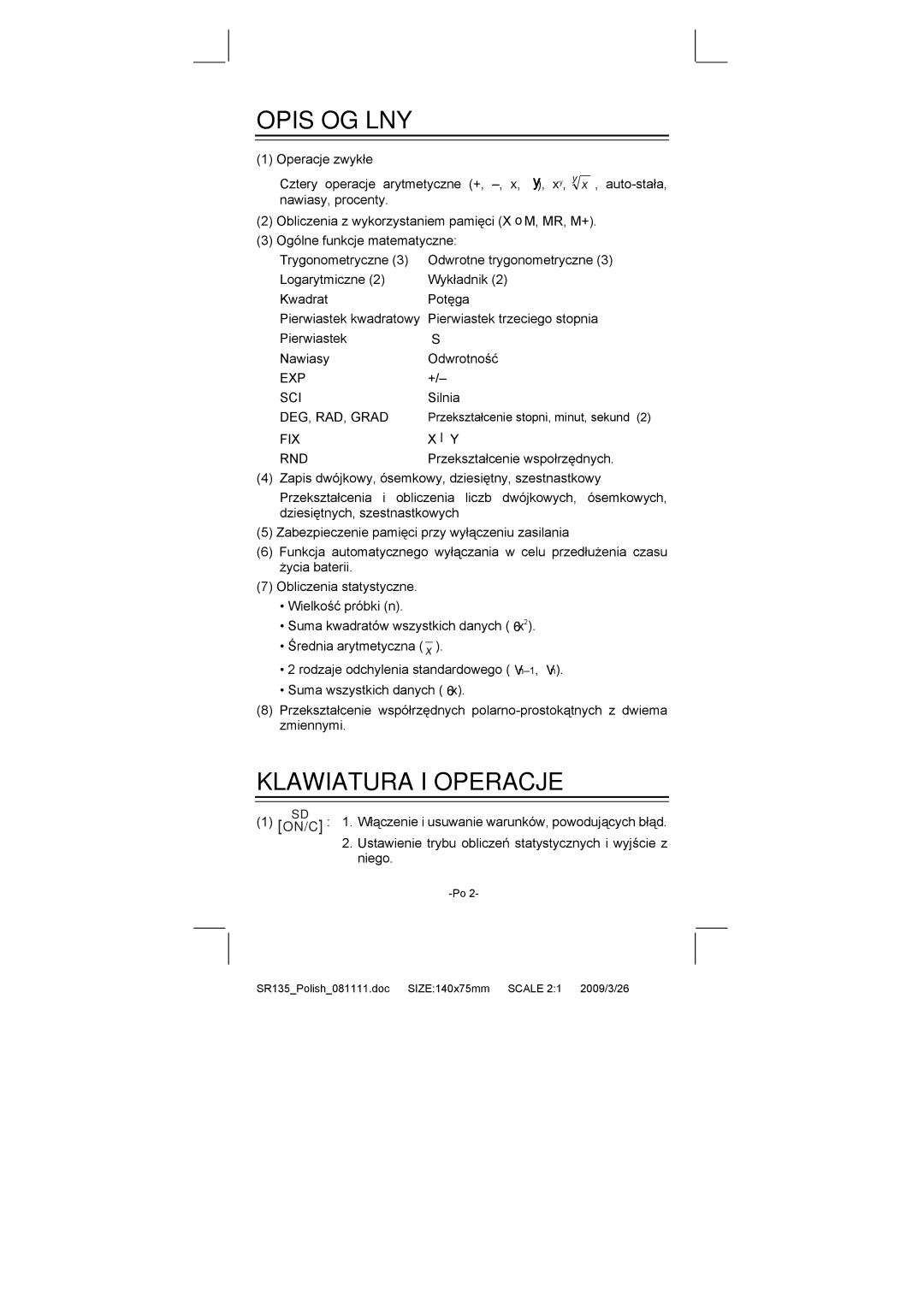 Citizen Systems SR-135N manual Opis Ogólny, Klawiatura I Operacje 