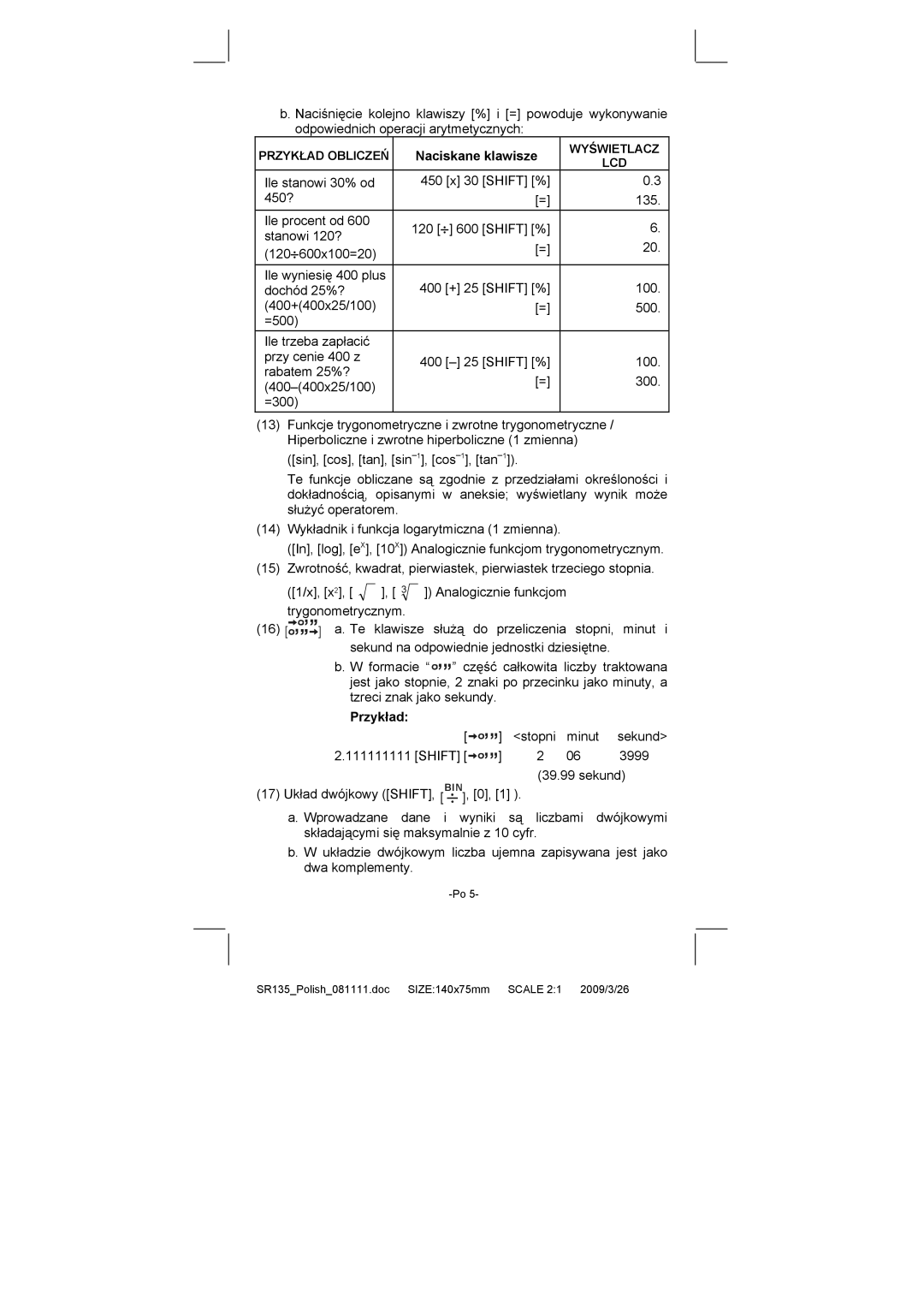 Citizen Systems SR-135N manual Naciskane klawisze, Przykład 