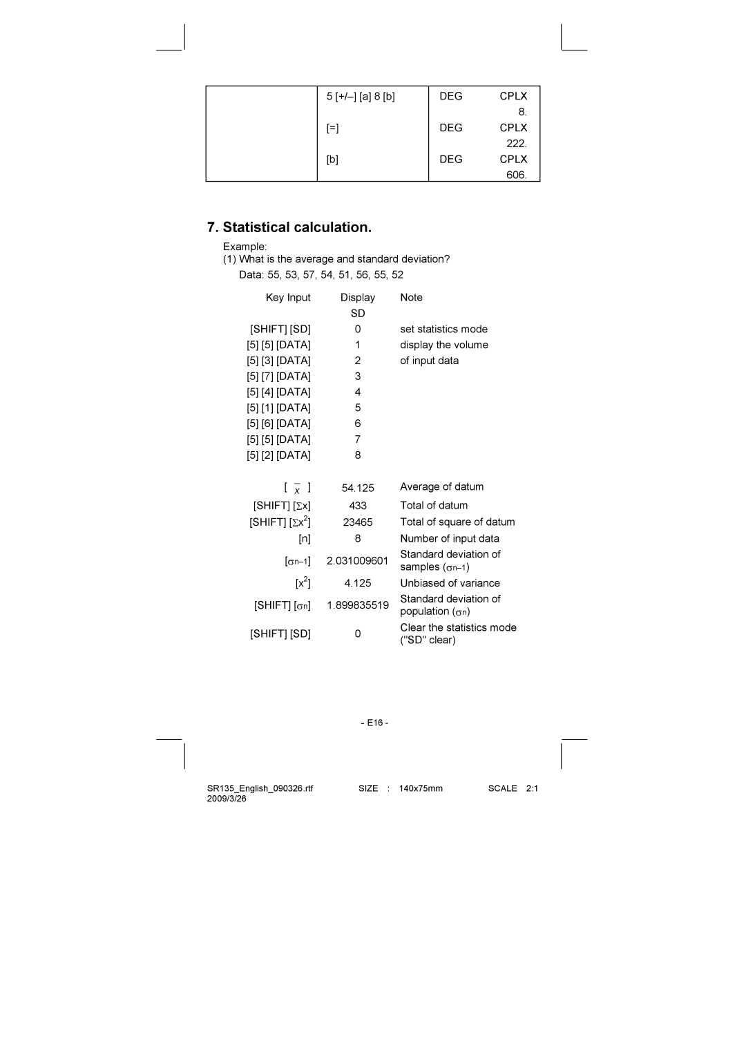 Citizen Systems SR-135N manual Statistical calculation, Shift SD 