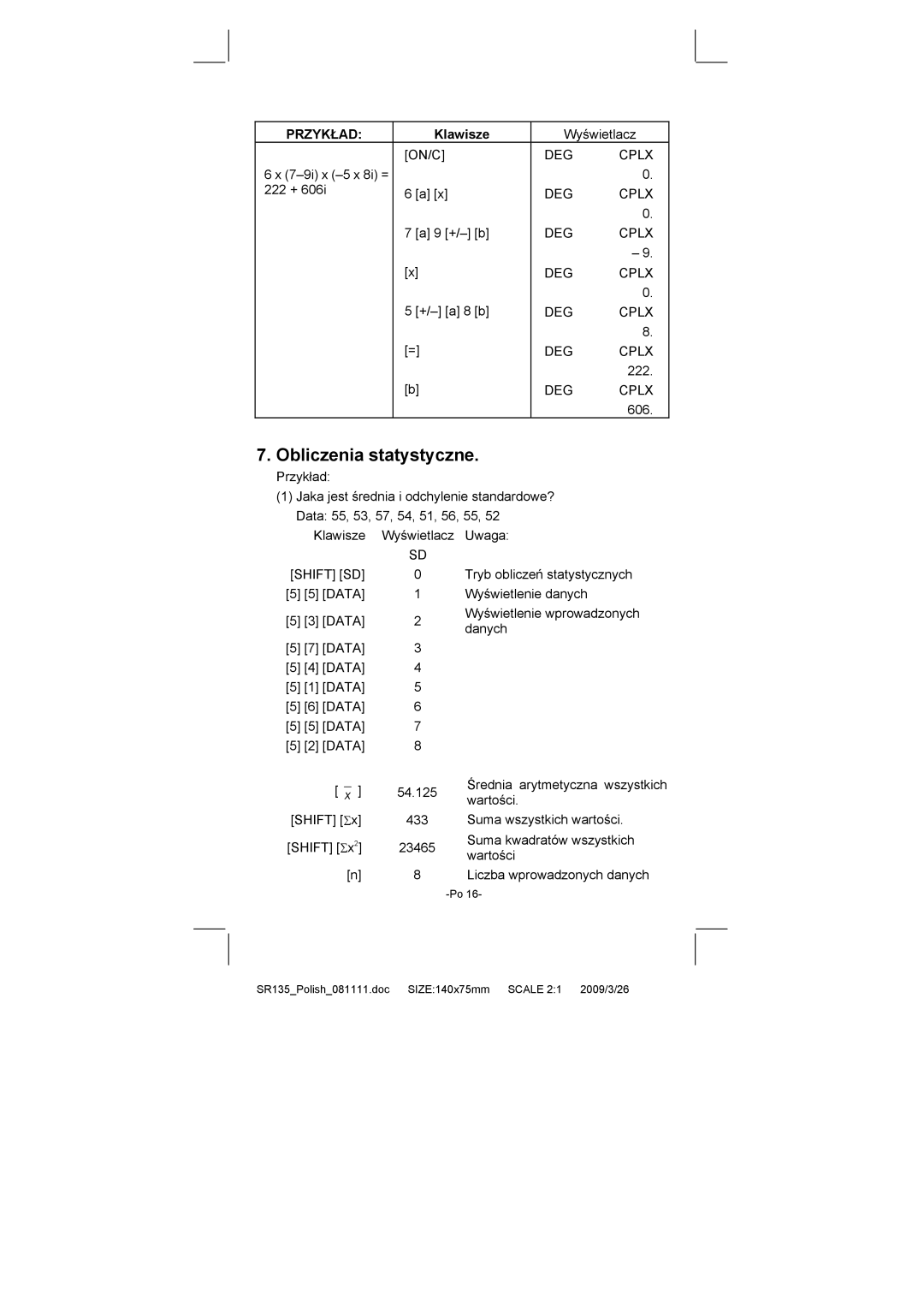 Citizen Systems SR-135N manual Obliczenia statystyczne, Przykład 