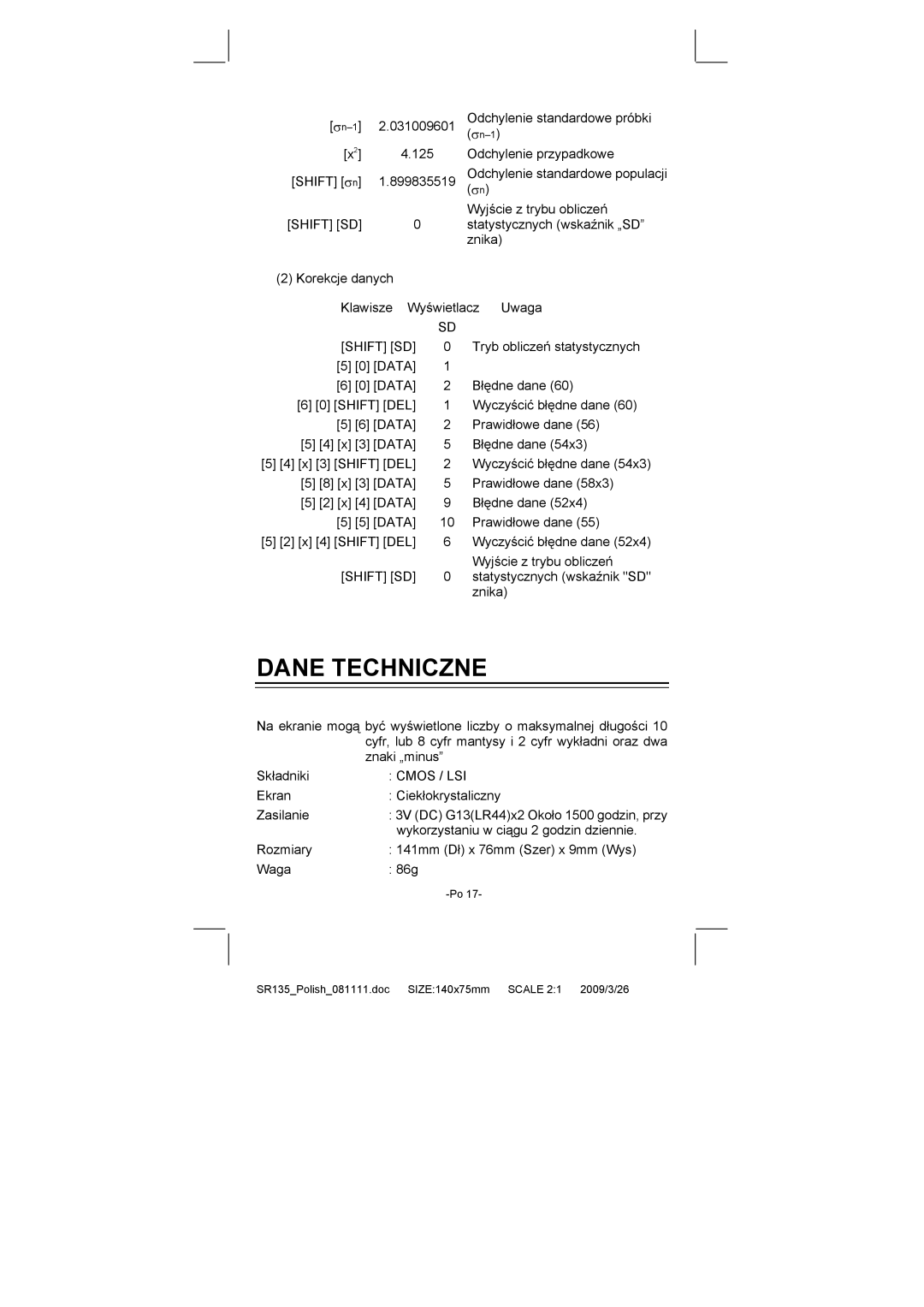 Citizen Systems SR-135N manual Dane Techniczne, Shift SD 