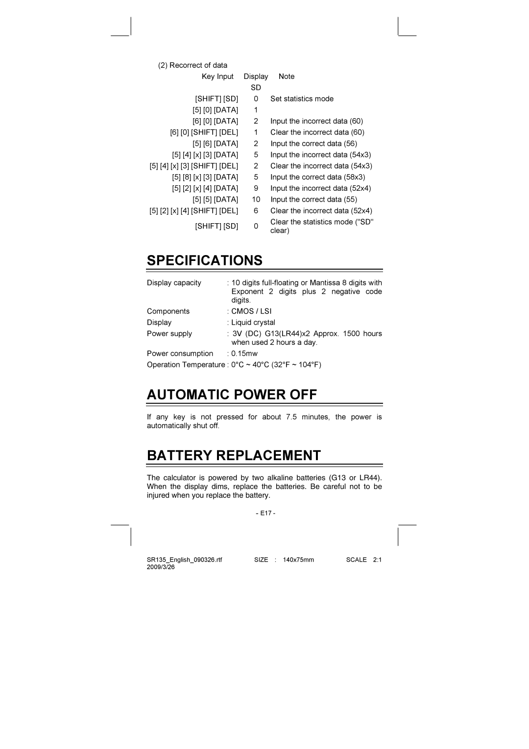 Citizen Systems SR-135N manual Specifications, Automatic Power OFF, Battery Replacement, Cmos / LSI 