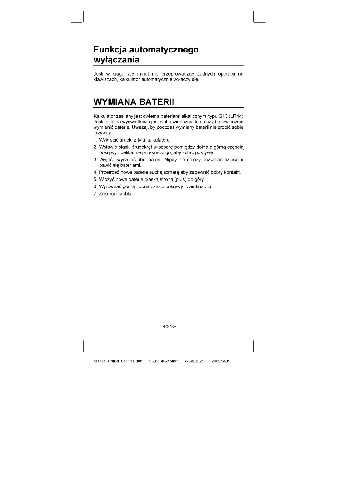 Citizen Systems SR-135N manual Funkcja automatycznego wyłączania, Wymiana Baterii 