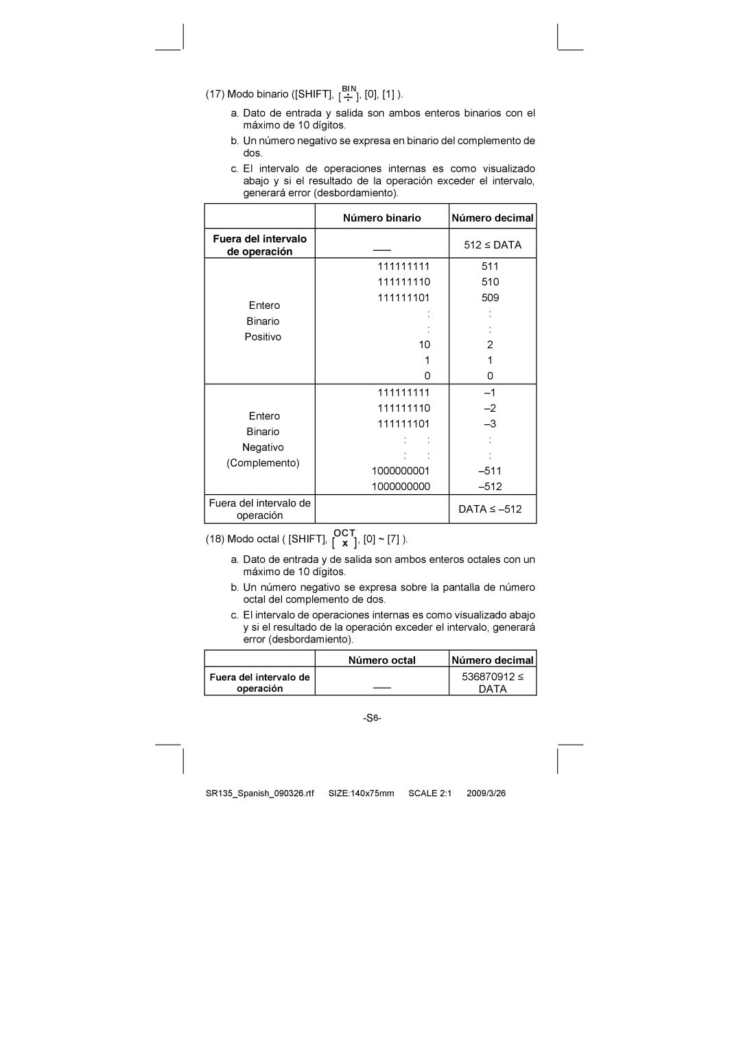 Citizen Systems SR-135N manual Número binario Número decimal Fuera del intervalo, Número octal Número decimal 