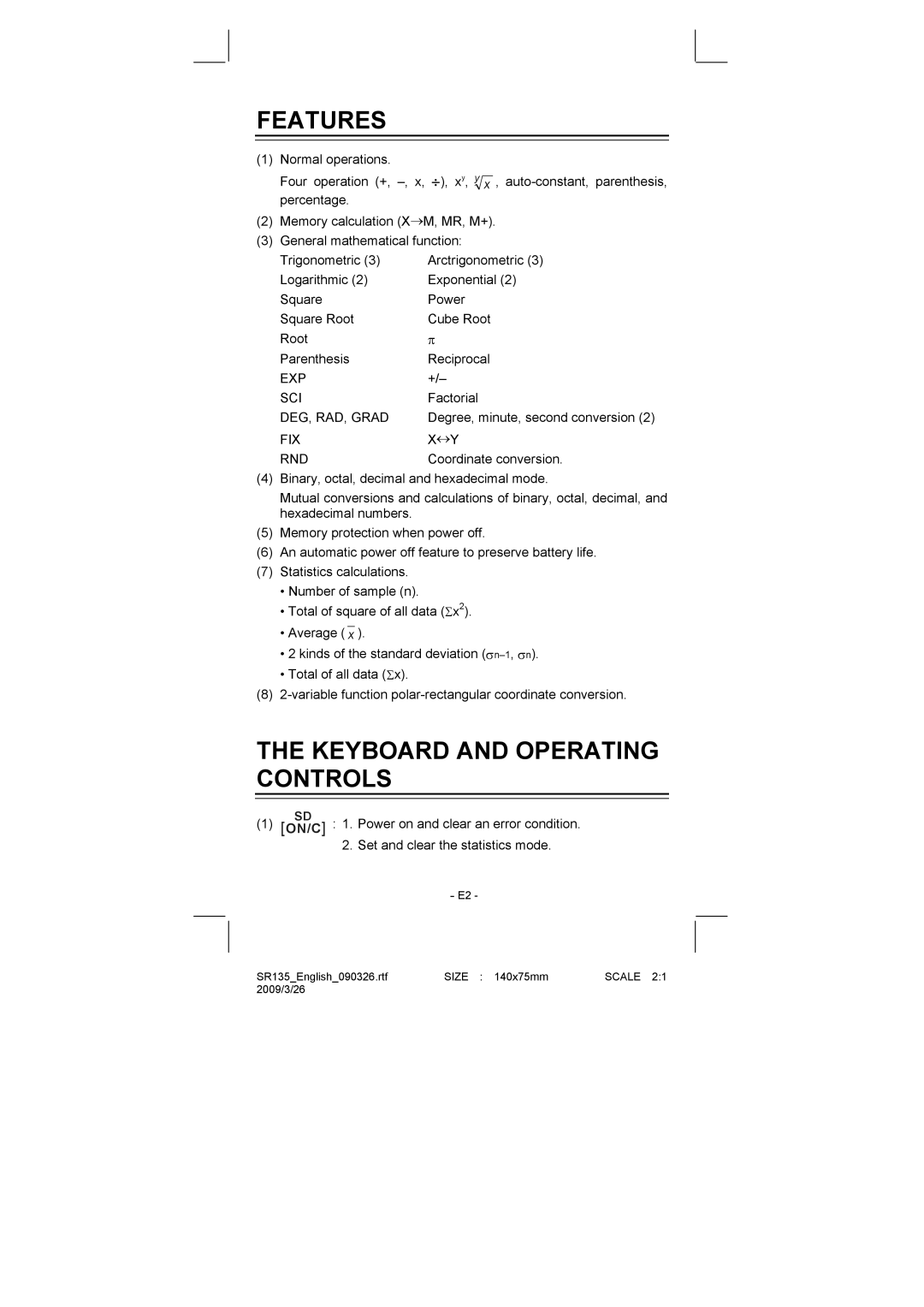 Citizen Systems SR-135N manual Features, Keyboard and Operating Controls, Exp Sci, DEG, RAD, Grad, Fix Rnd 