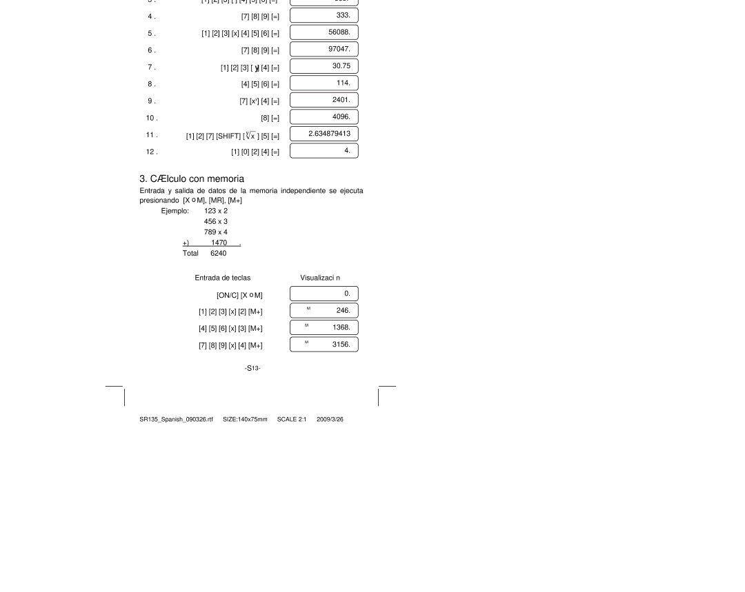 Citizen Systems SR-135N manual Cálculo con memoria 