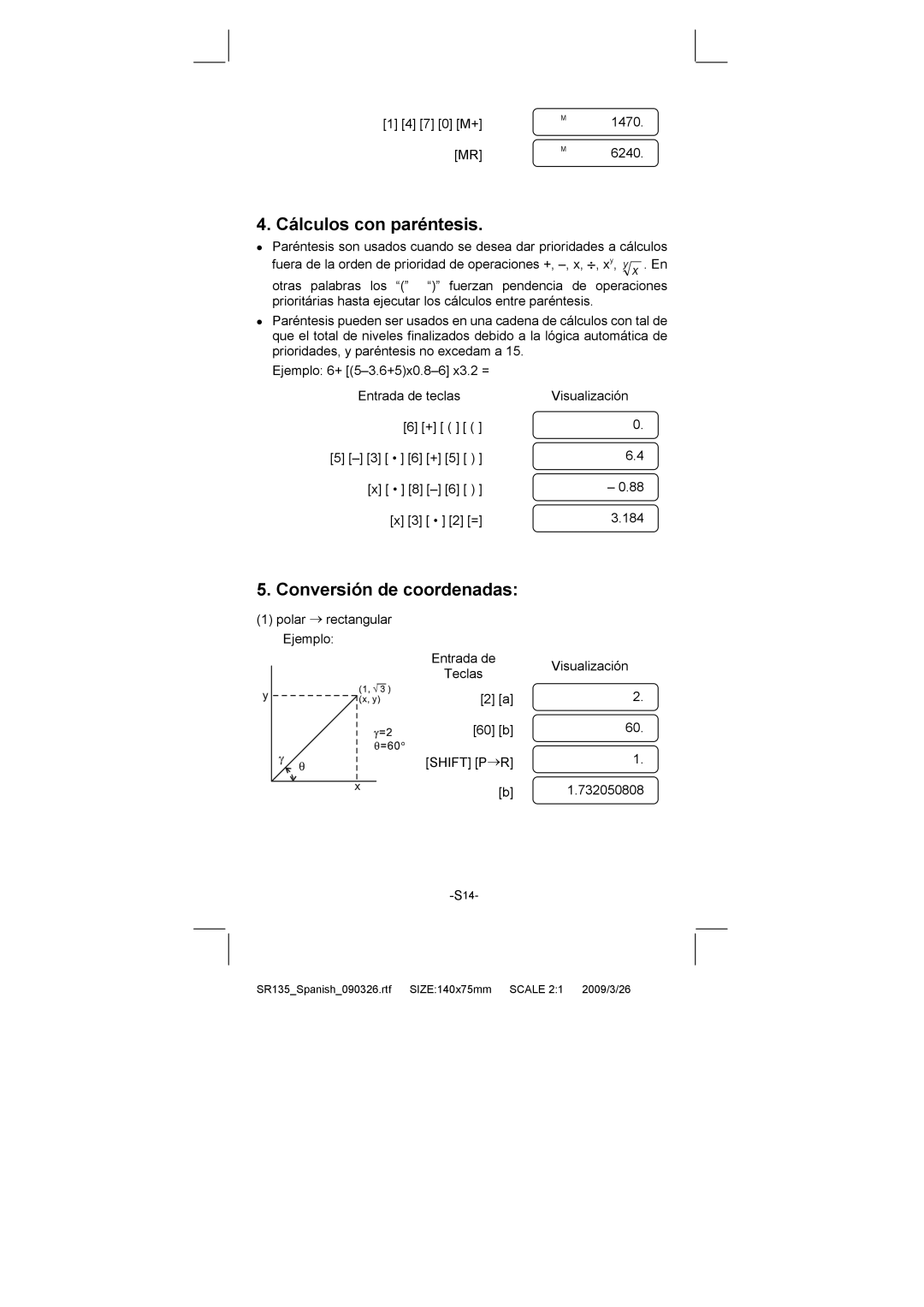 Citizen Systems SR-135N manual Cálculos con paréntesis, Conversión de coordenadas 