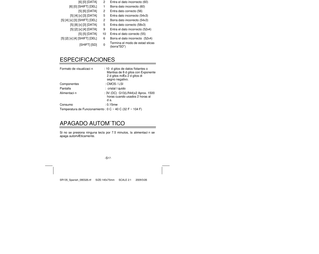 Citizen Systems SR-135N manual Especificaciones, Apagado Automático 