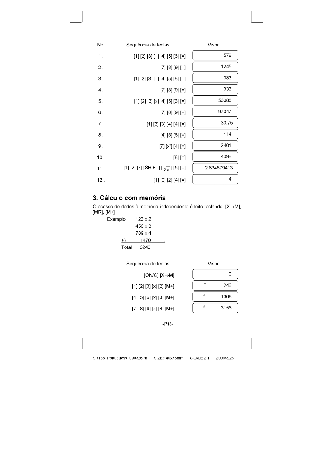 Citizen Systems SR-135N manual Cálculo com memória 