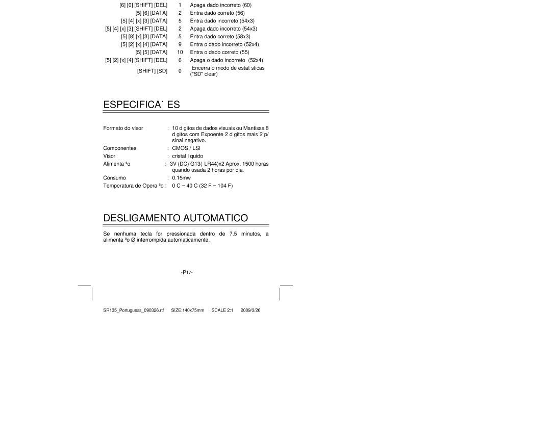 Citizen Systems SR-135N manual Especificações, Desligamento Automatico 