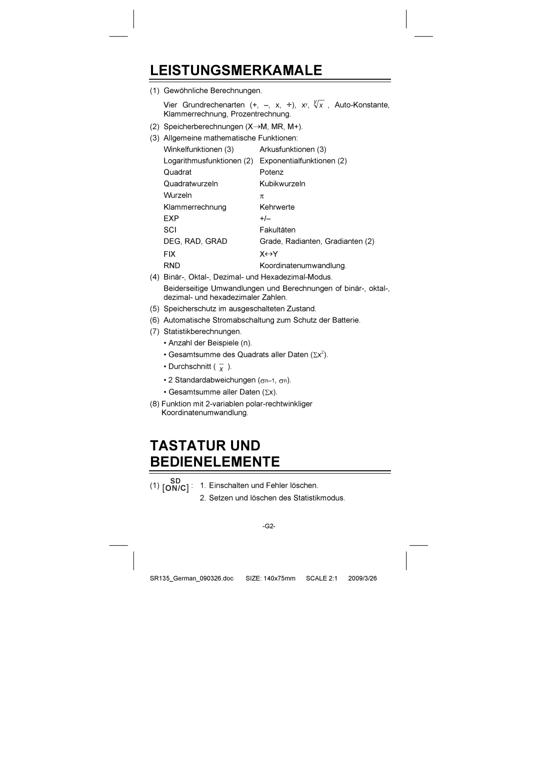 Citizen Systems SR-135N manual Leistungsmerkamale, Tastatur UND Bedienelemente 