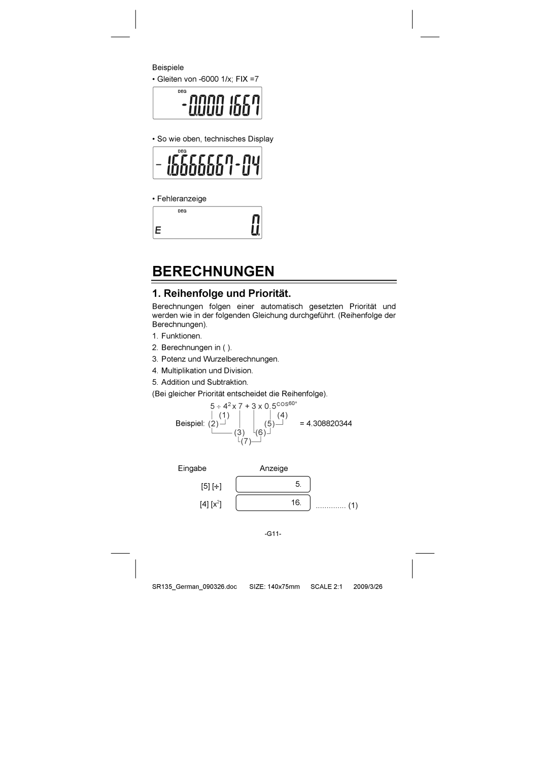 Citizen Systems SR-135N manual Berechnungen, Reihenfolge und Priorität 