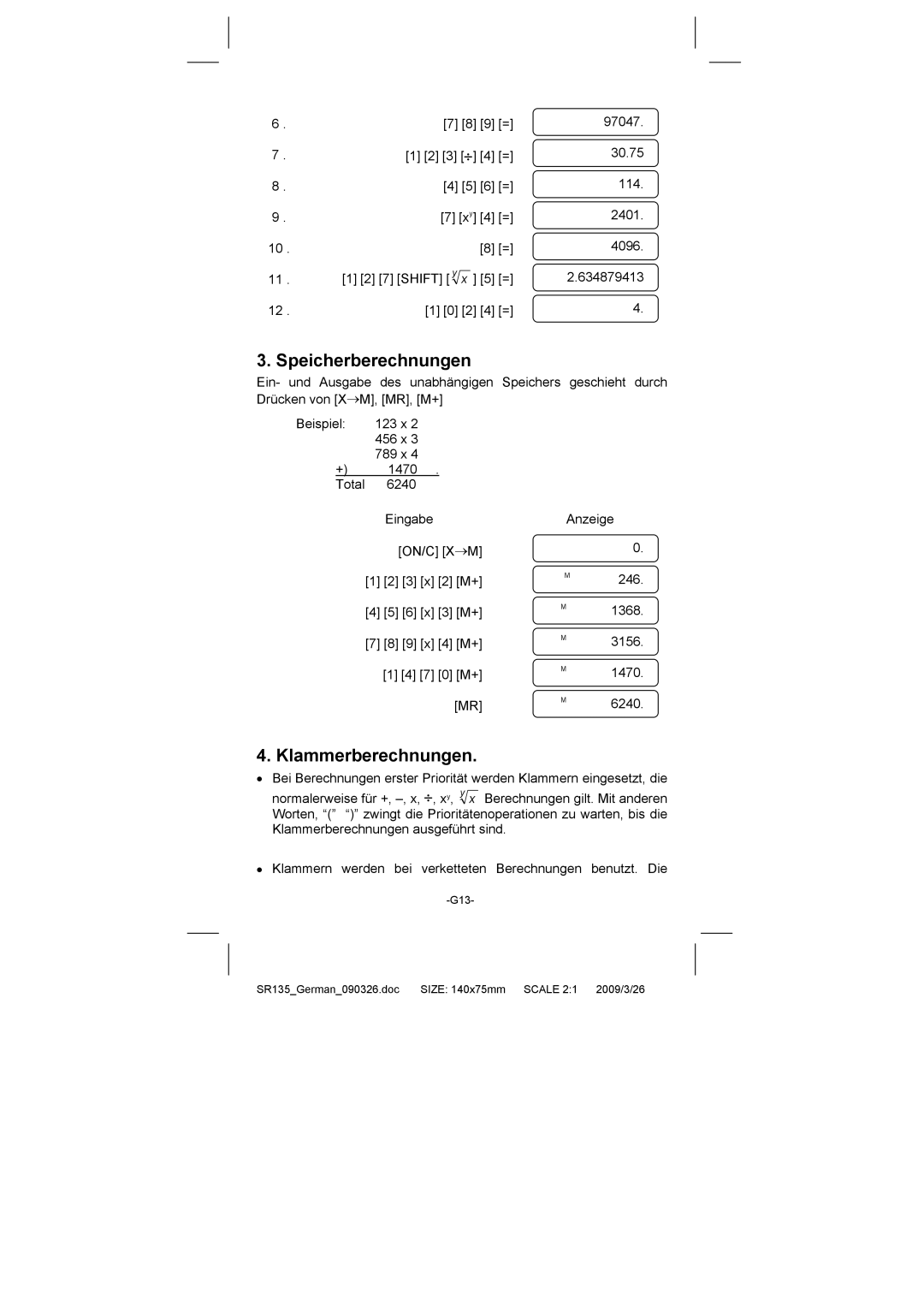 Citizen Systems SR-135N manual Speicherberechnungen, Klammerberechnungen 