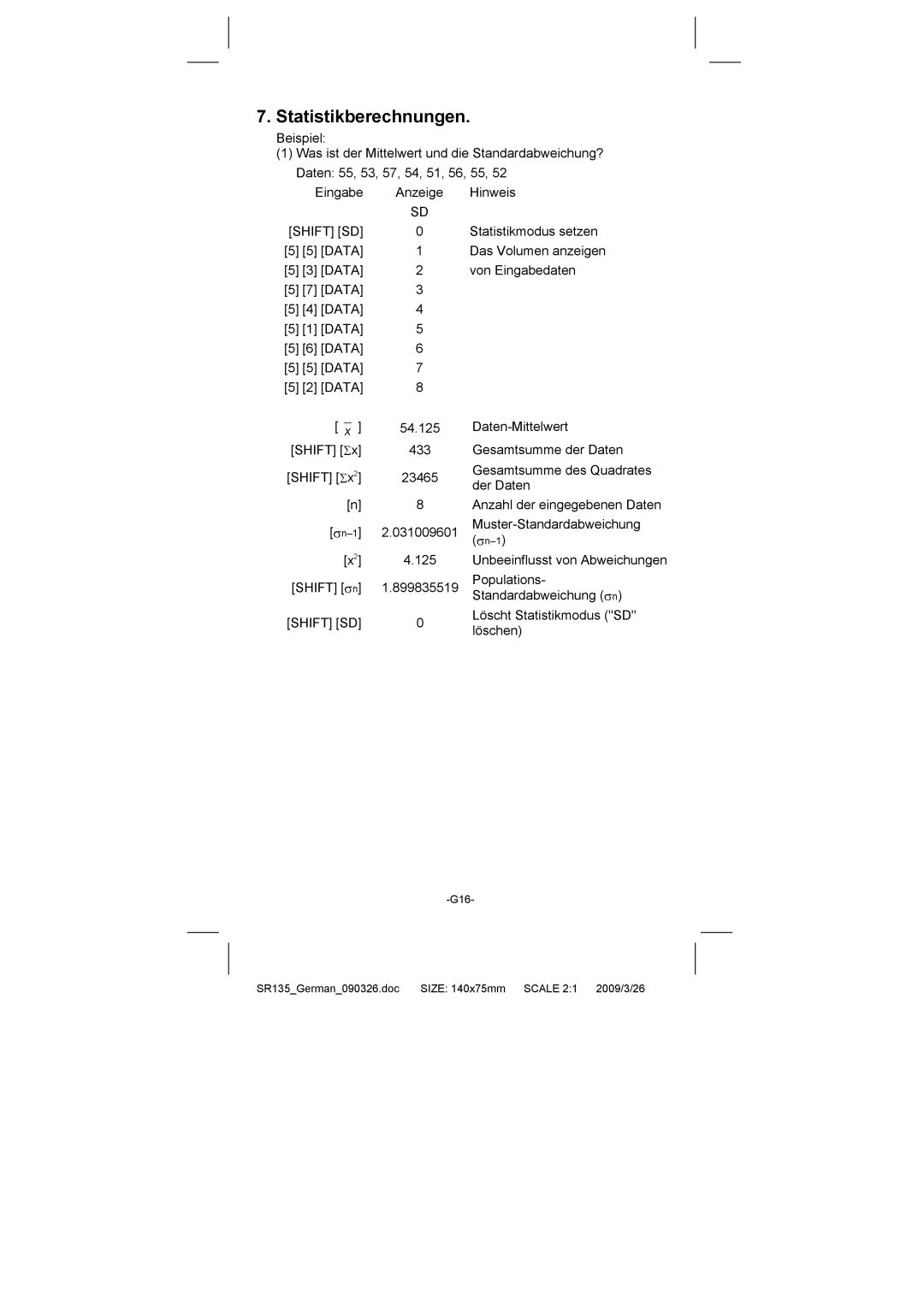 Citizen Systems SR-135N manual Statistikberechnungen, Shift SD 