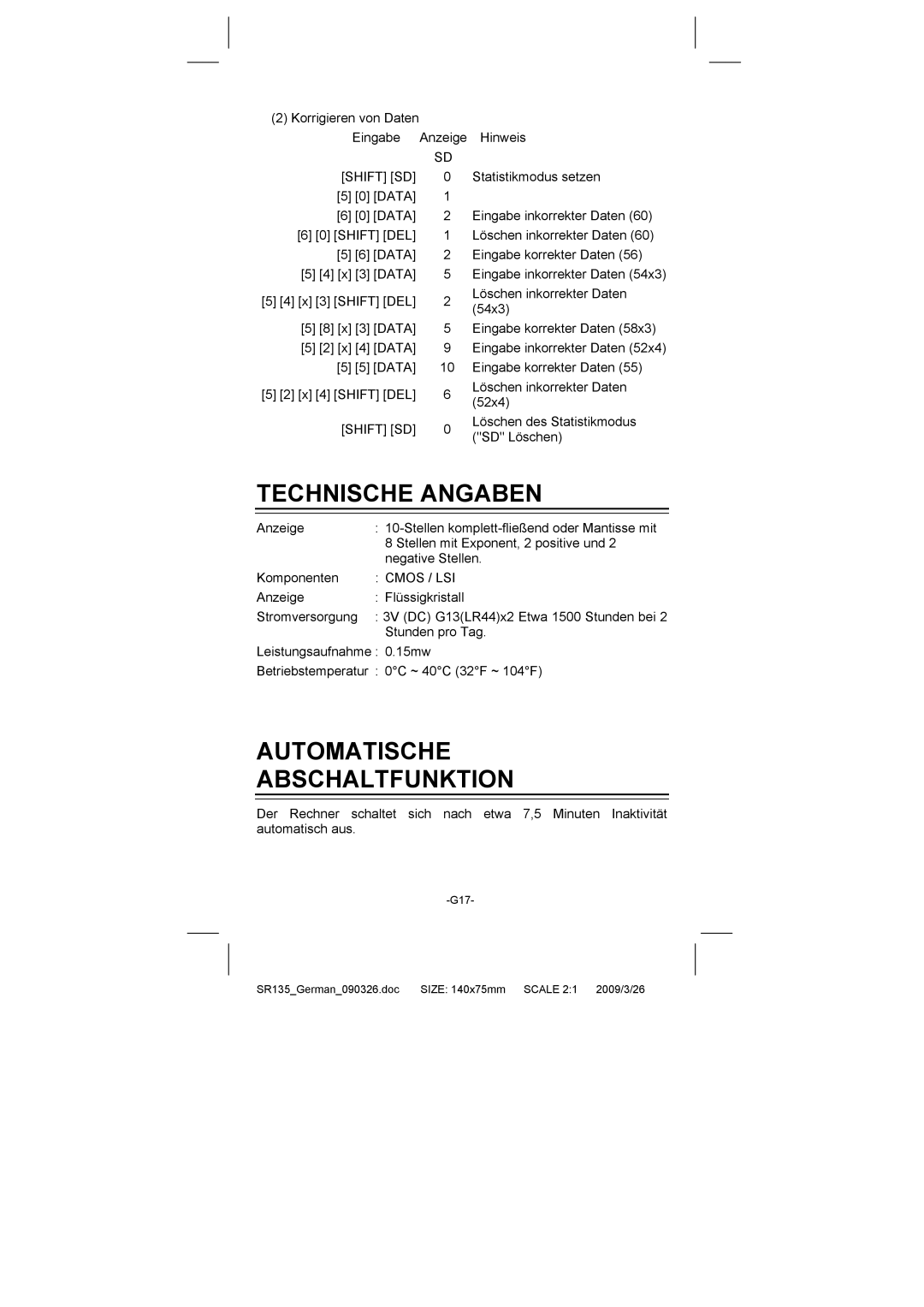 Citizen Systems SR-135N Technische Angaben, Automatische Abschaltfunktion, Shift SD Data Shift DEL, Shift DEL Shift SD 