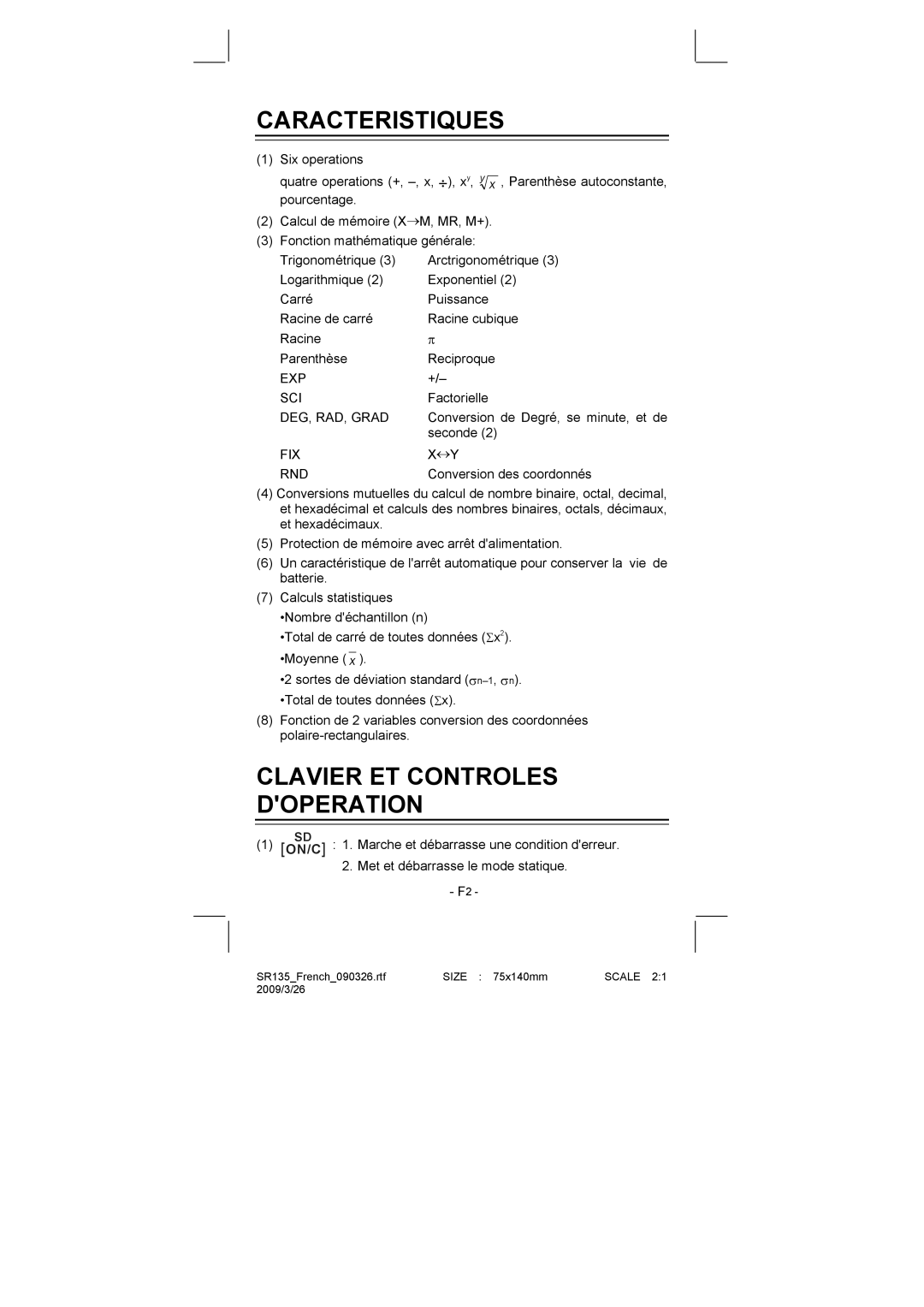 Citizen Systems SR-135N manual Caracteristiques, Clavier ET Controles Doperation 