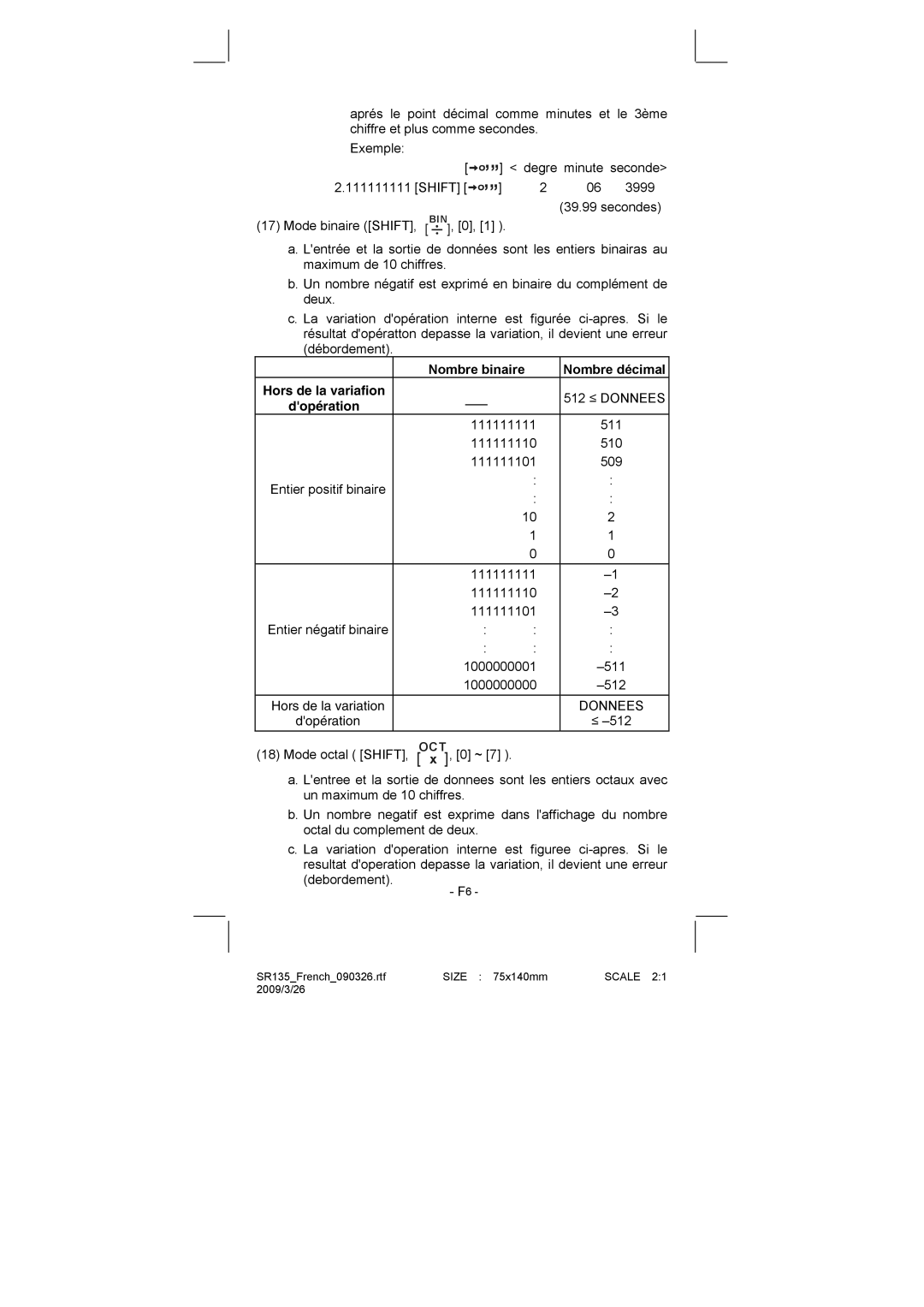 Citizen Systems SR-135N manual Nombre binaire Nombre décimal Hors de la variafion, 512 ≤ Donnees 