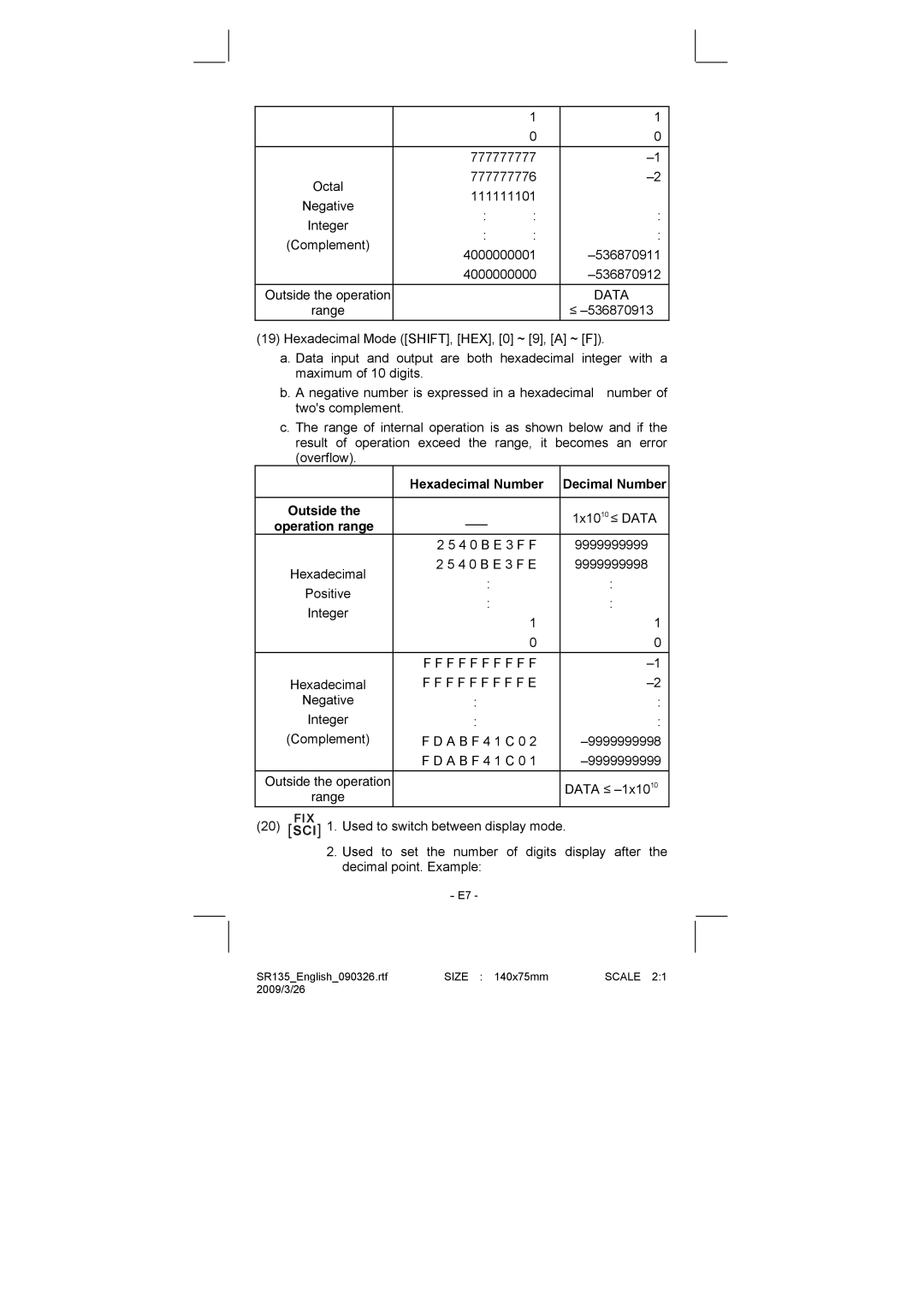 Citizen Systems SR-135N manual Data, Hexadecimal Number Decimal Number Outside, F F F F F F F F, F F F F F F F E 