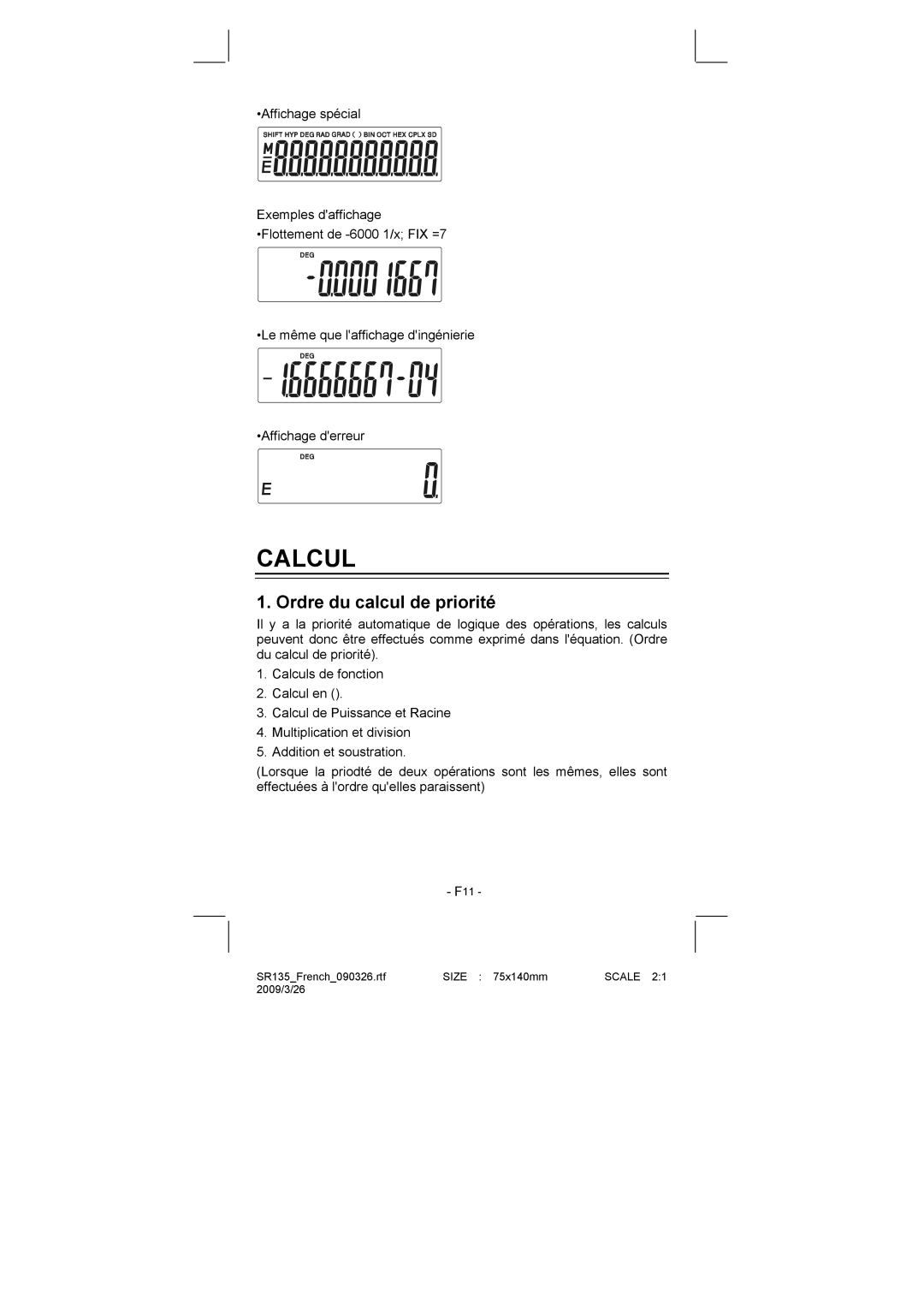 Citizen Systems SR-135N manual Calcul, Ordre du calcul de priorité 