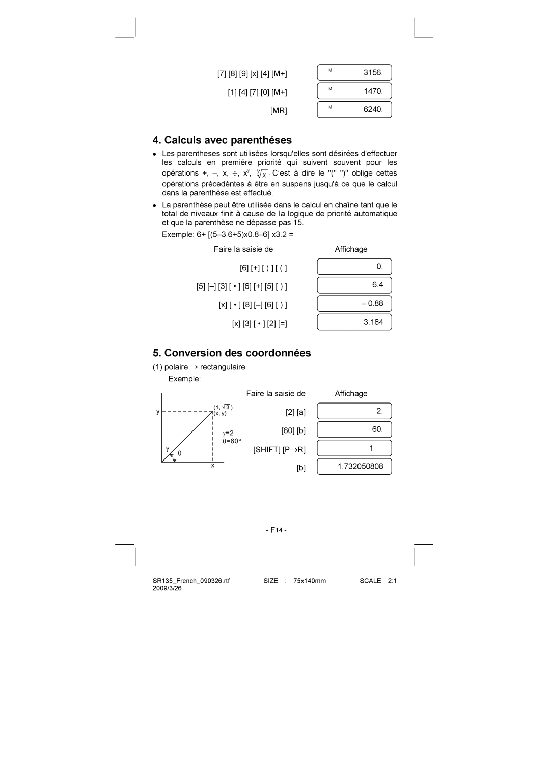 Citizen Systems SR-135N manual Calculs avec parenthéses, Conversion des coordonnées 