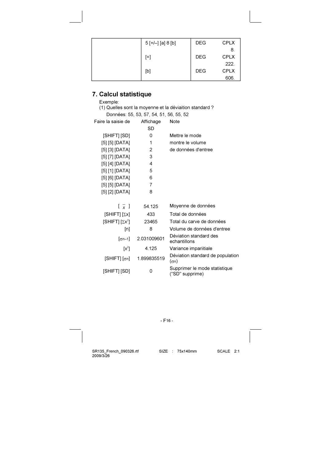 Citizen Systems SR-135N manual Calcul statistique, Shift SD 