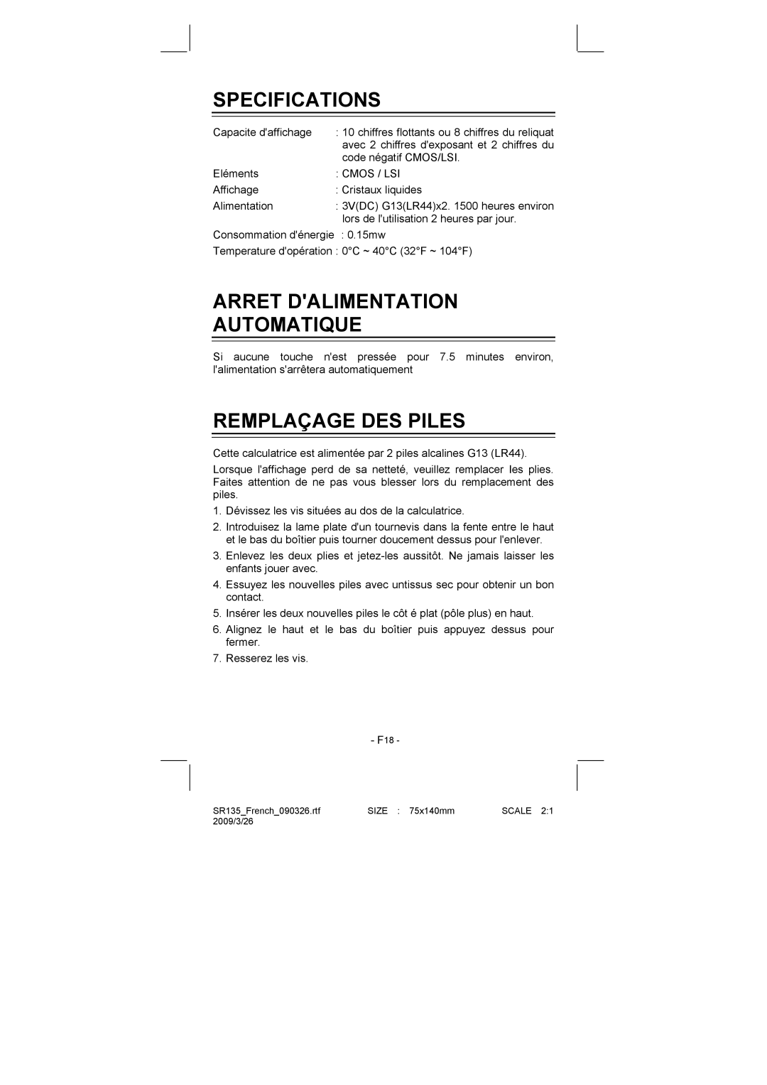 Citizen Systems SR-135N manual Arret Dalimentation Automatique, Remplaçage DES Piles 