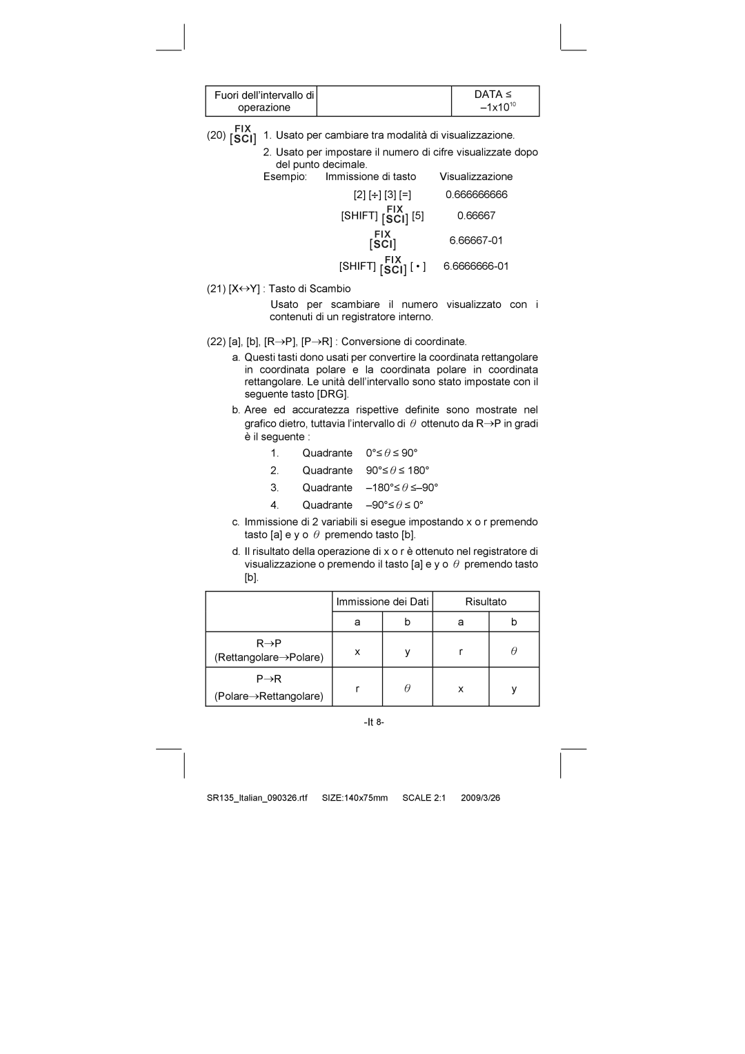 Citizen Systems SR-135N manual Fuori dell’intervallo di Operazione Data ≤ 