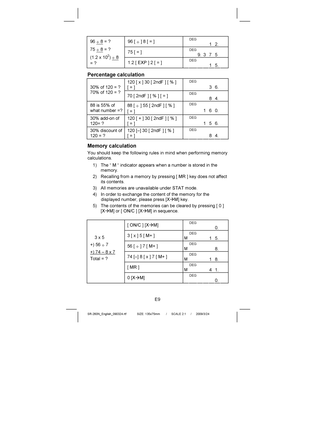 Citizen Systems SR-260N manual Percentage calculation, Memory calculation 