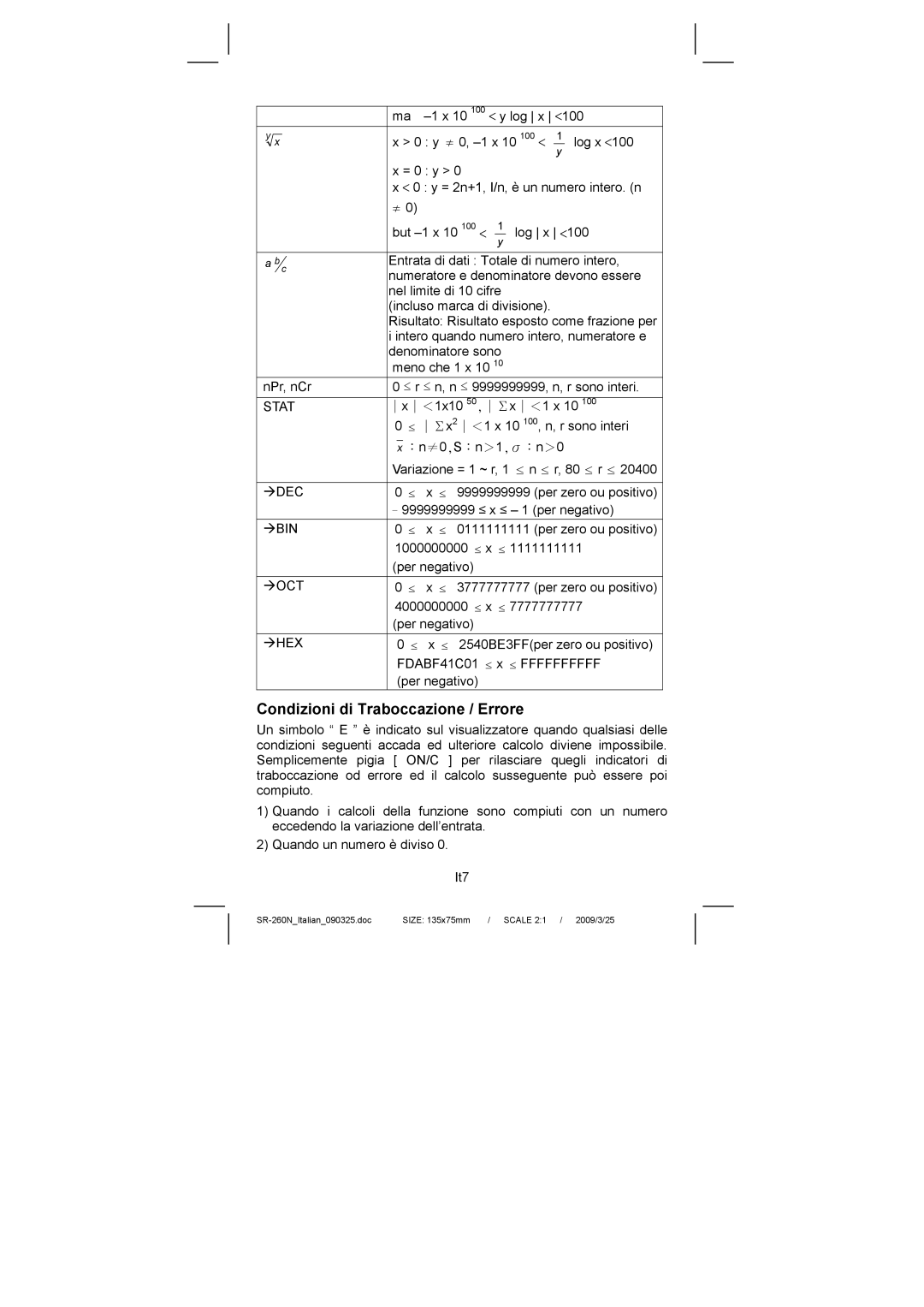 Citizen Systems SR-260N manual Condizioni di Traboccazione / Errore 