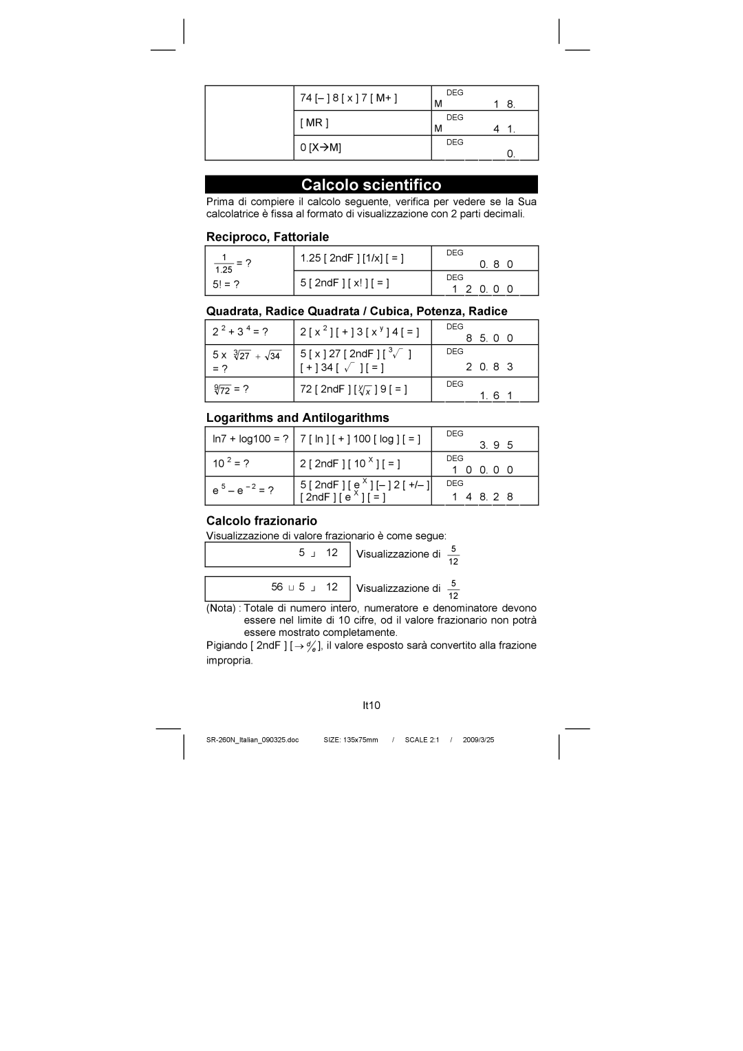 Citizen Systems SR-260N manual Calcolo scientifico, Reciproco, Fattoriale, Calcolo frazionario 