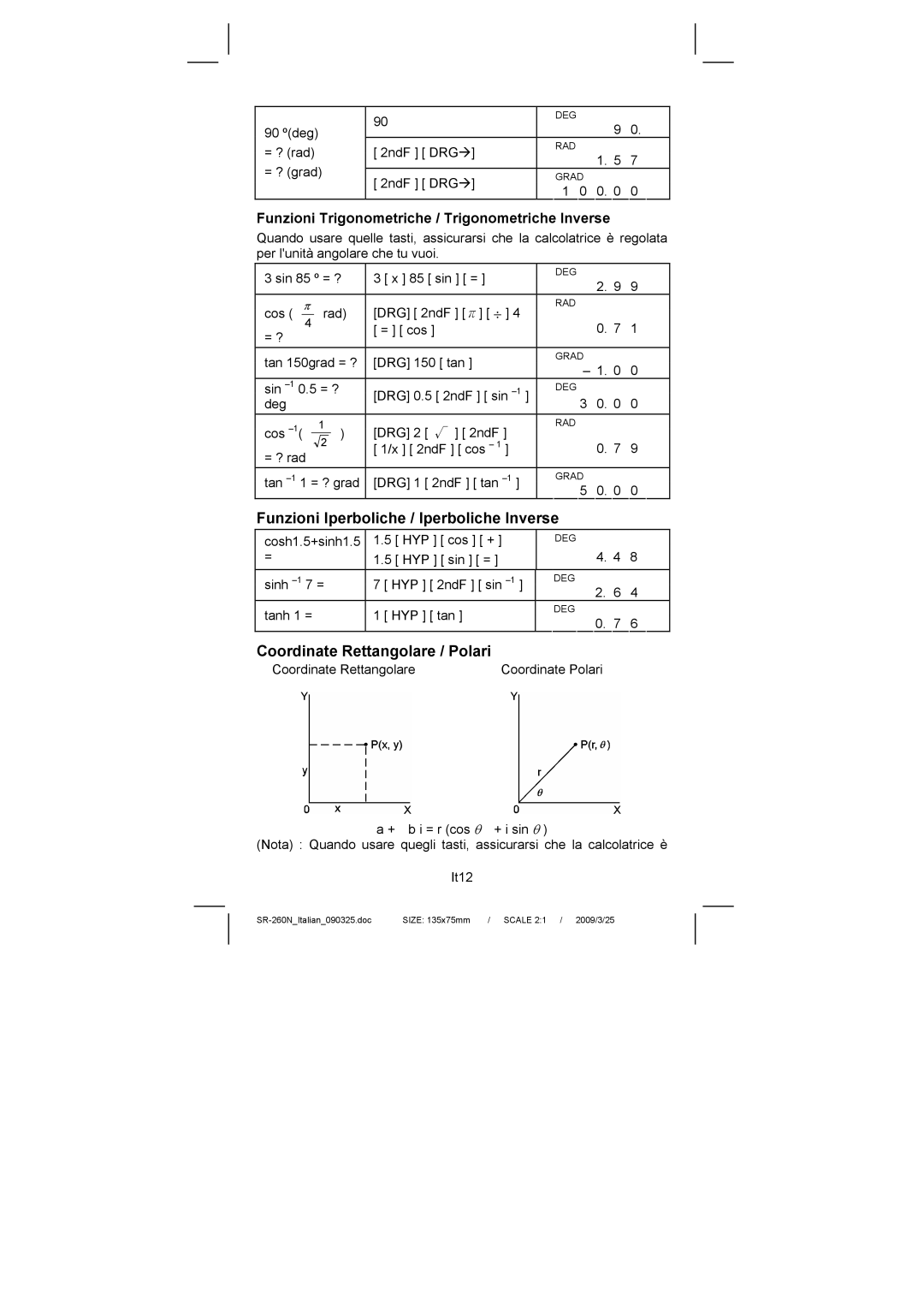 Citizen Systems SR-260N manual Funzioni Iperboliche / Iperboliche Inverse, Coordinate Rettangolare / Polari 