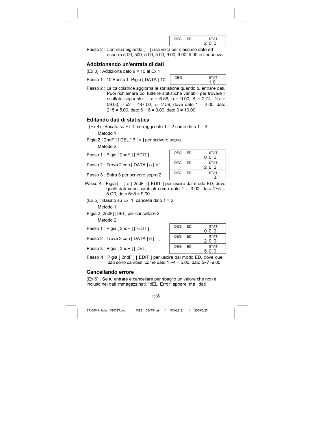 Citizen Systems SR-260N manual Editando dati di statistica, Cancellando errore 