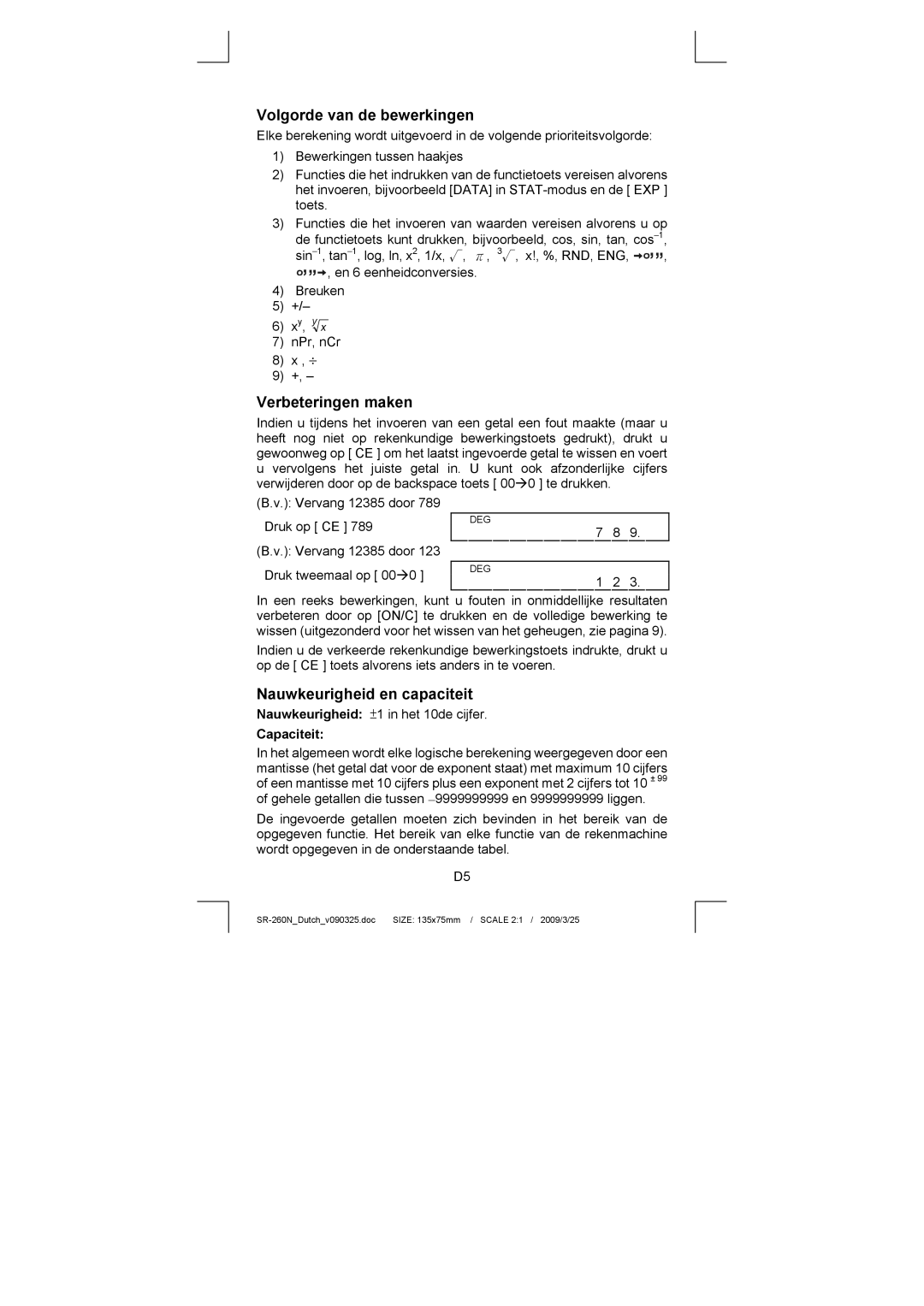 Citizen Systems SR-260N manual Volgorde van de bewerkingen, Verbeteringen maken, Nauwkeurigheid en capaciteit, Capaciteit 