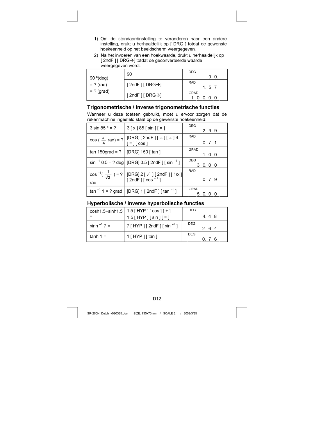 Citizen Systems SR-260N manual Trigonometrische / inverse trigonometrische functies 