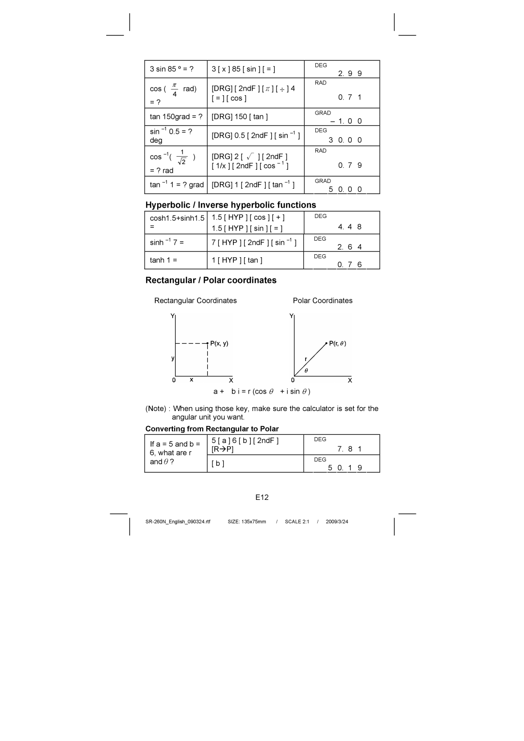 Citizen Systems SR-260N manual Hyperbolic / Inverse hyperbolic functions, Rectangular / Polar coordinates 