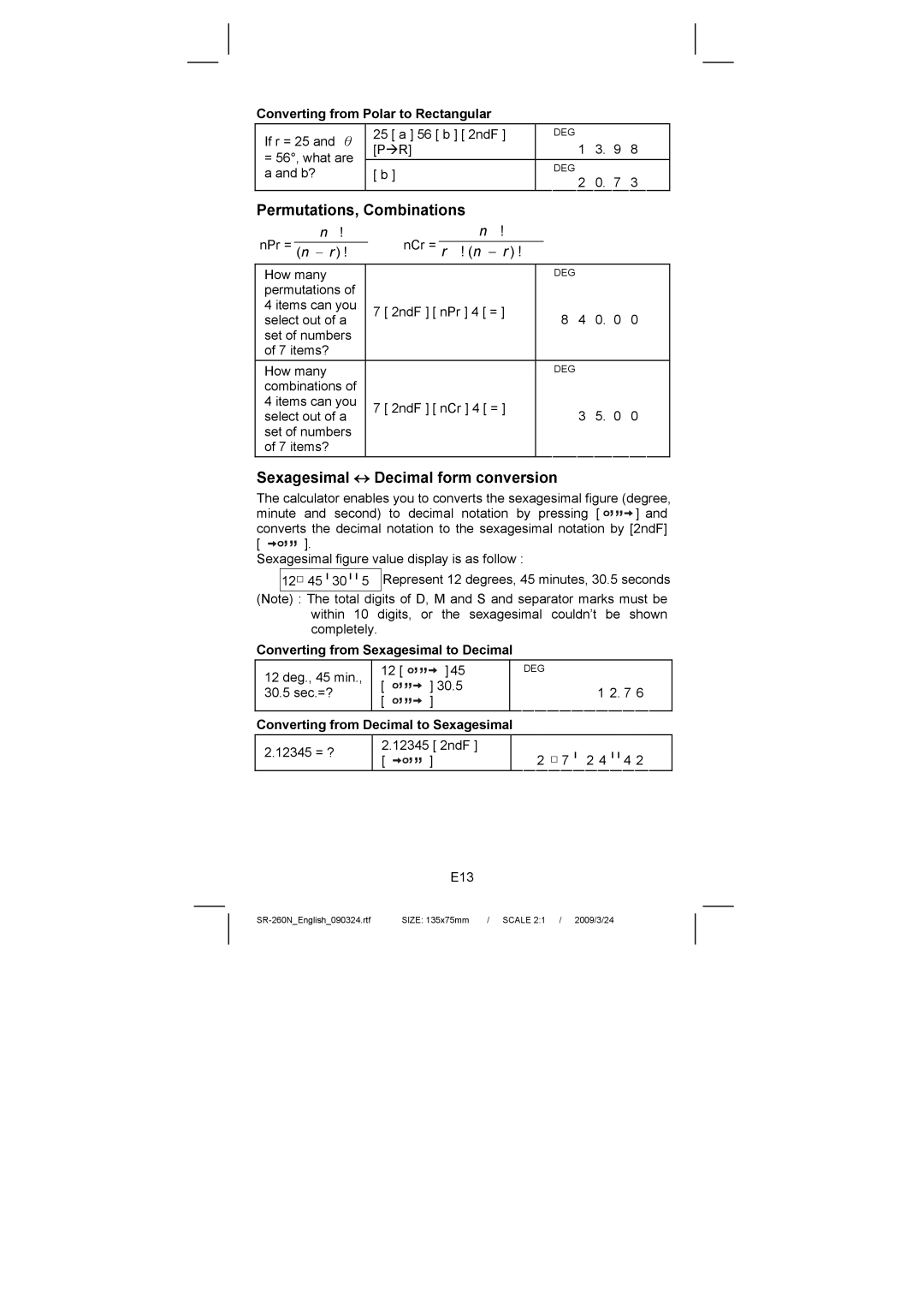 Citizen Systems SR-260N manual Permutations, Combinations, Sexagesimal ↔ Decimal form conversion 