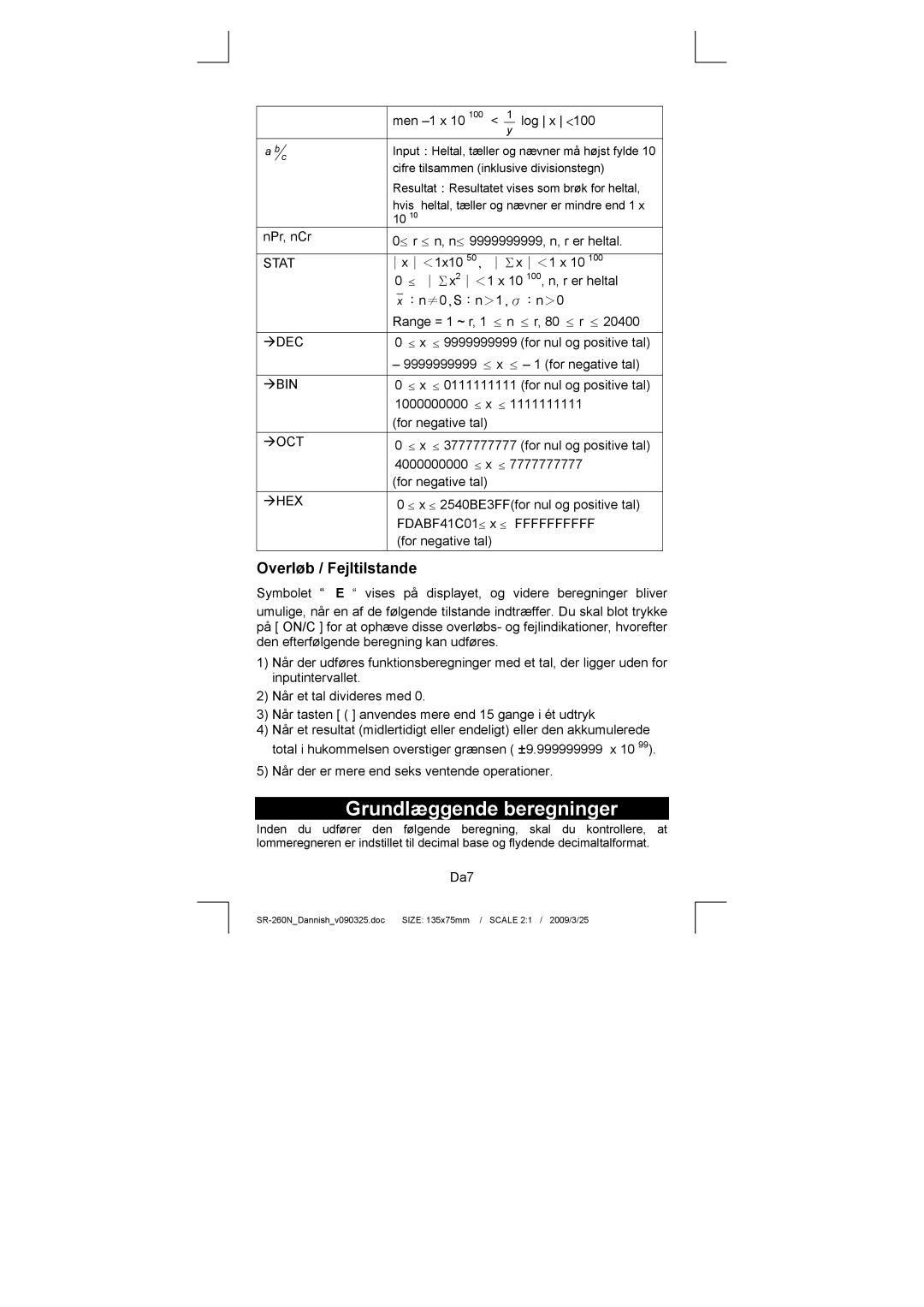 Citizen Systems SR-260N manual Grundlæggende beregninger, Overløb / Fejltilstande 