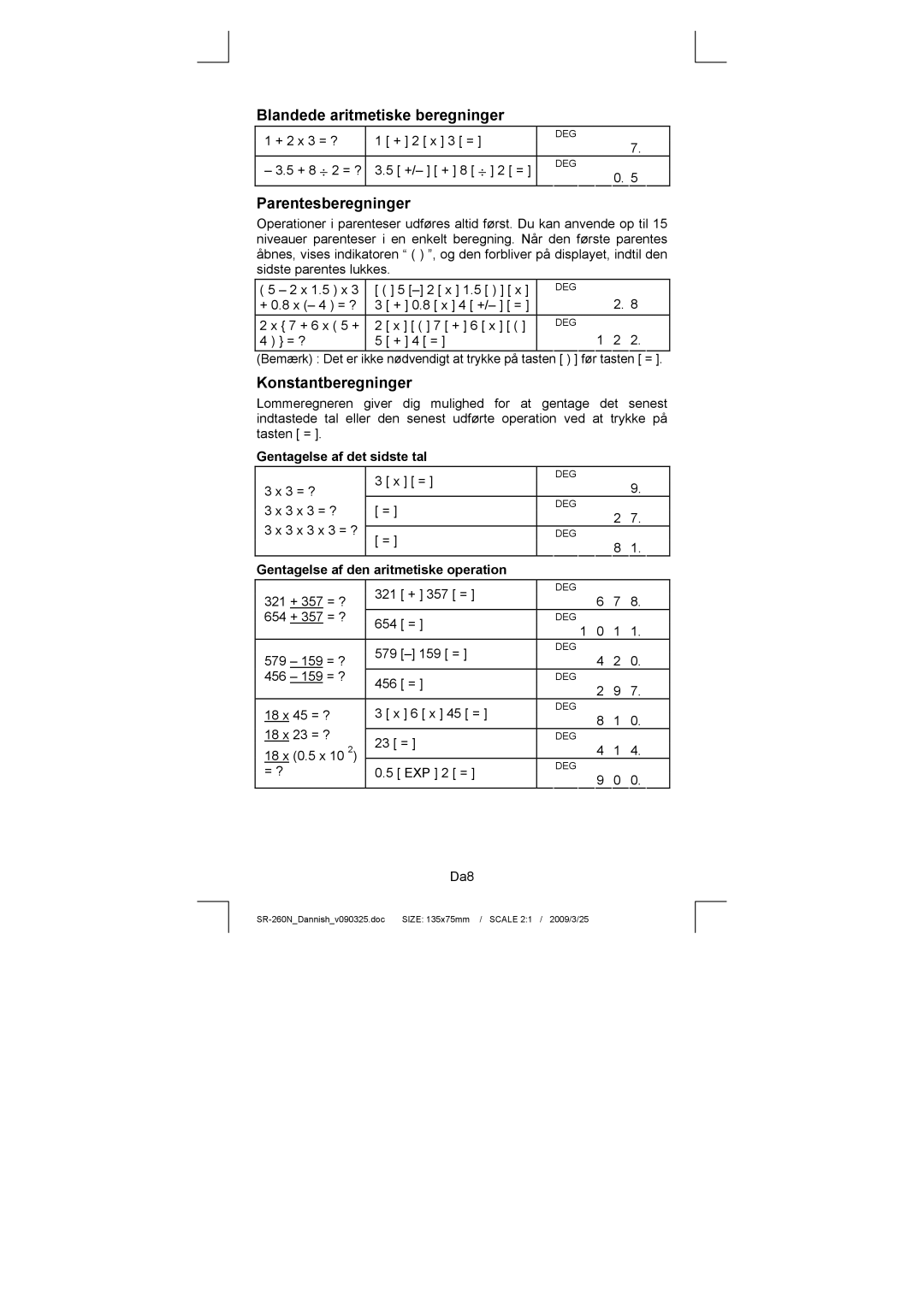 Citizen Systems SR-260N manual Blandede aritmetiske beregninger, Parentesberegninger, Konstantberegninger 