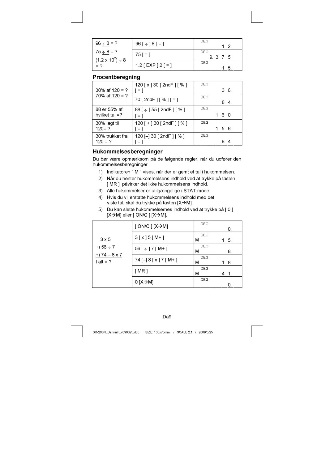 Citizen Systems SR-260N manual Procentberegning, Hukommelsesberegninger 