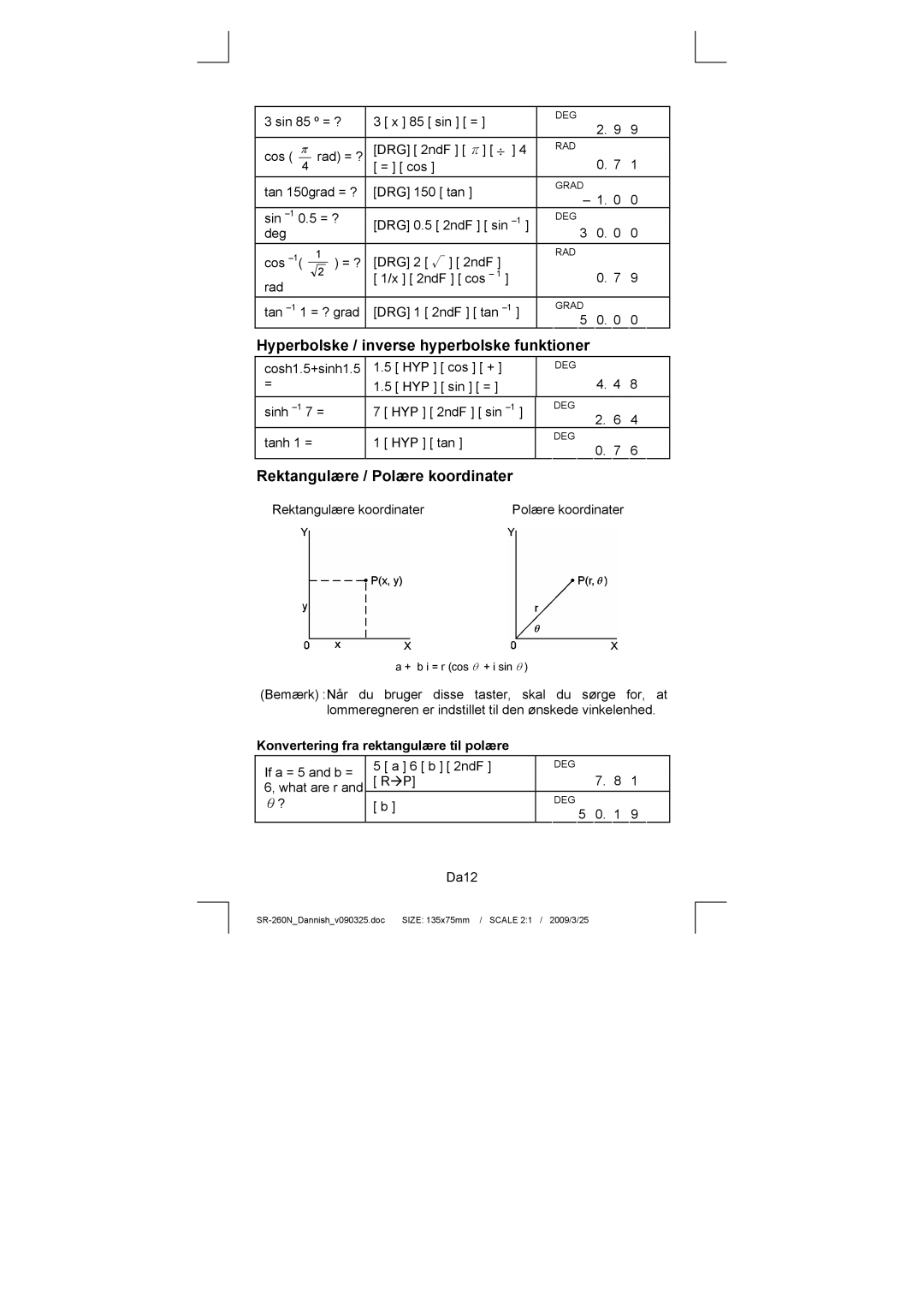 Citizen Systems SR-260N manual Hyperbolske / inverse hyperbolske funktioner, Rektangulære / Polære koordinater 