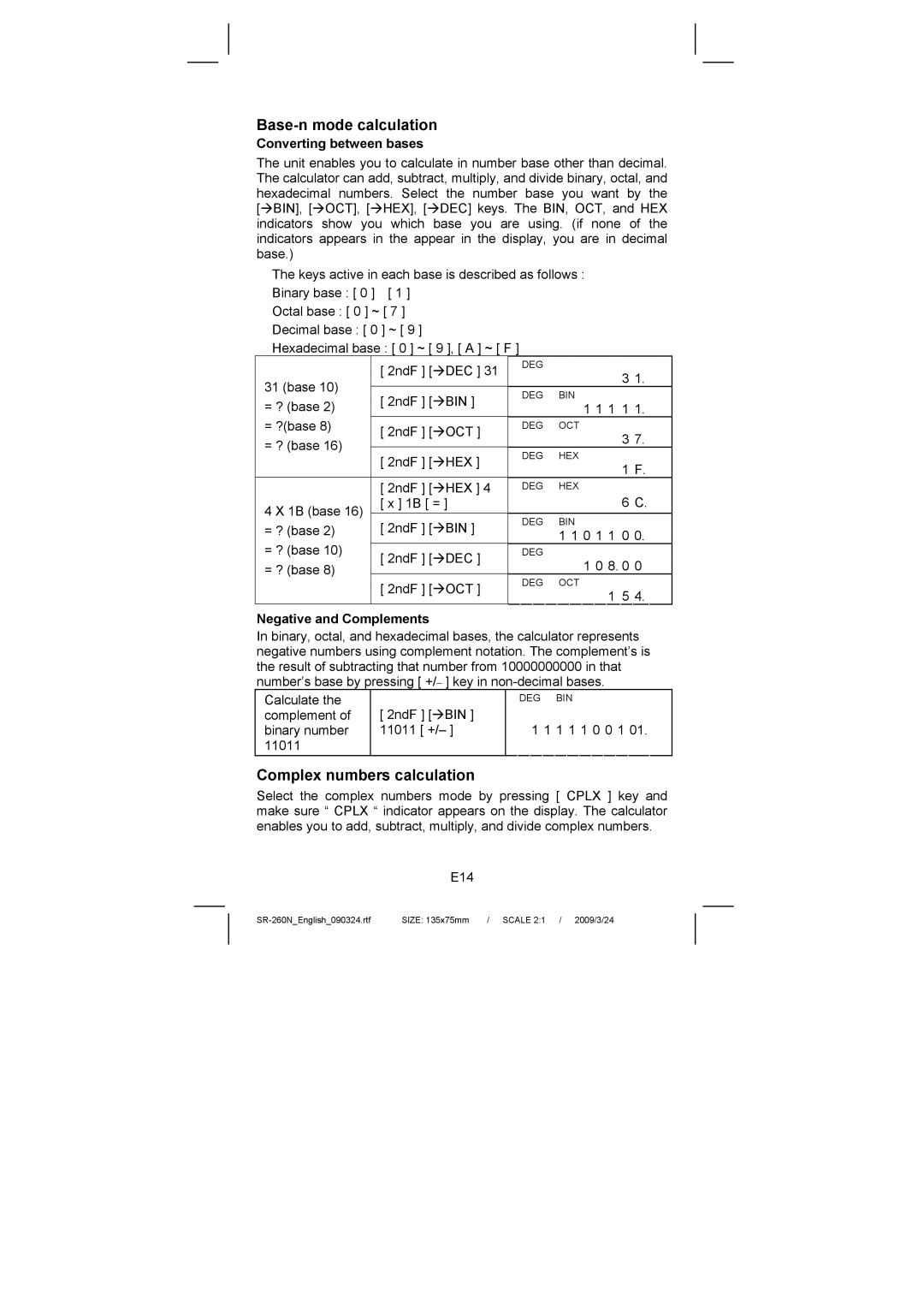 Citizen Systems SR-260N manual Base-n mode calculation, Complex numbers calculation, Converting between bases 