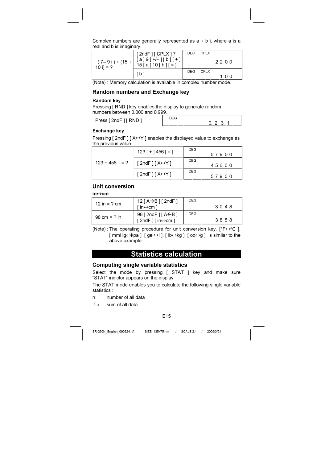 Citizen Systems SR-260N manual Statistics calculation, Random numbers and Exchange key, Unit conversion 